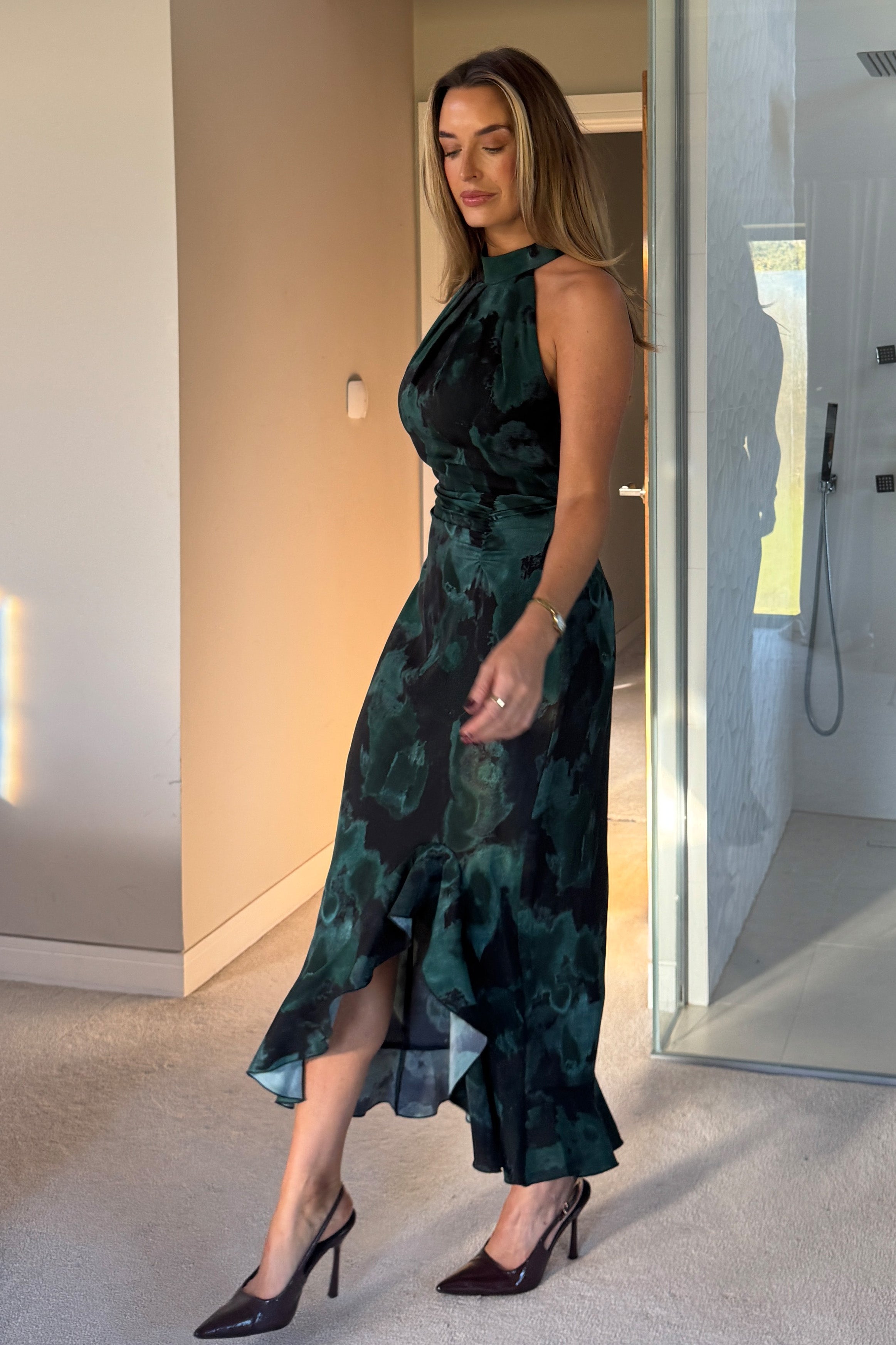 Amani Ruched Halter Neck Midi Dress Green Print