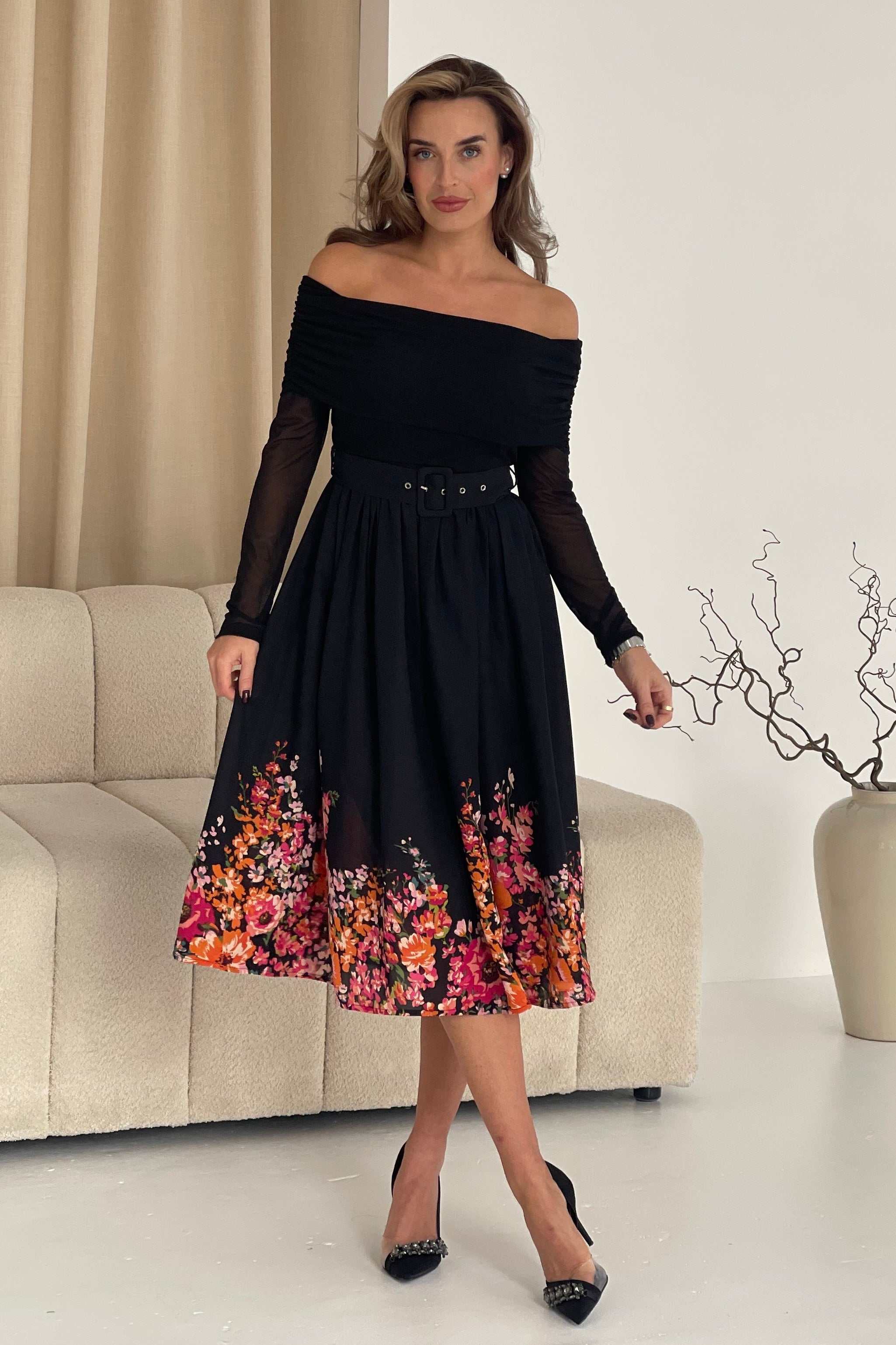 Aster Bardot Floral Border Midi Dress Black Floral