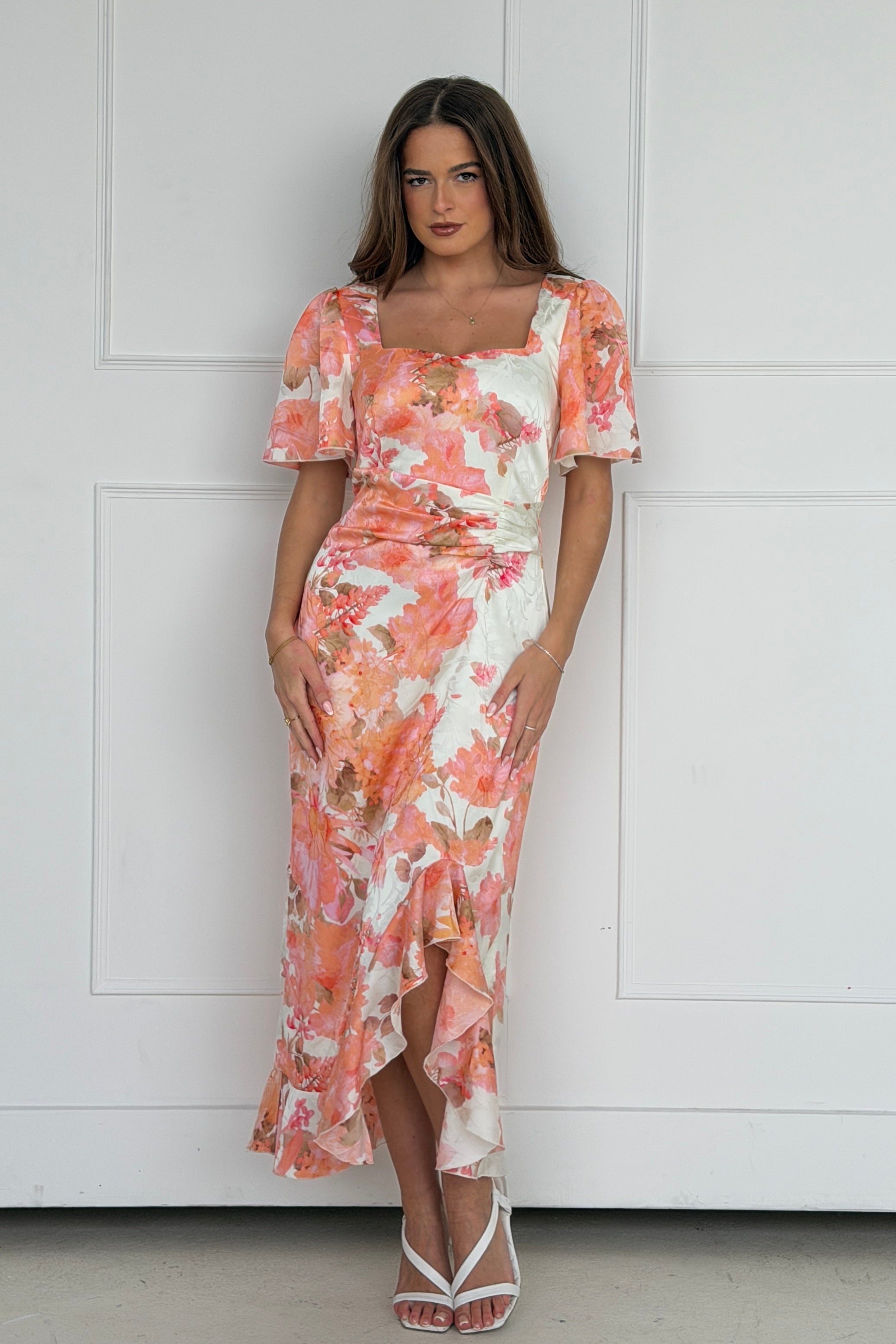 Heidi Floral Print Ruched Midi Dress