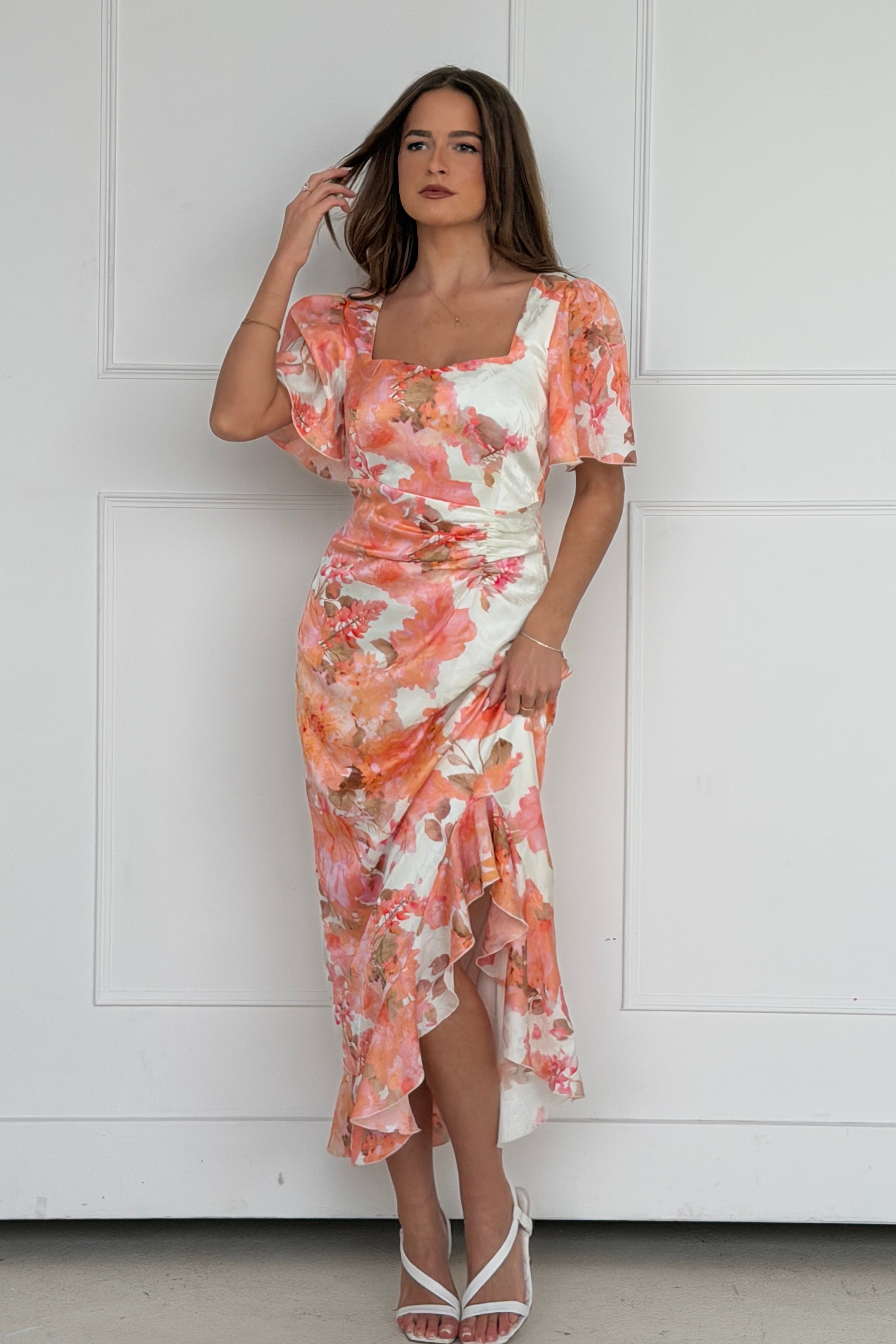 Heidi Floral Print Ruched Midi Dress