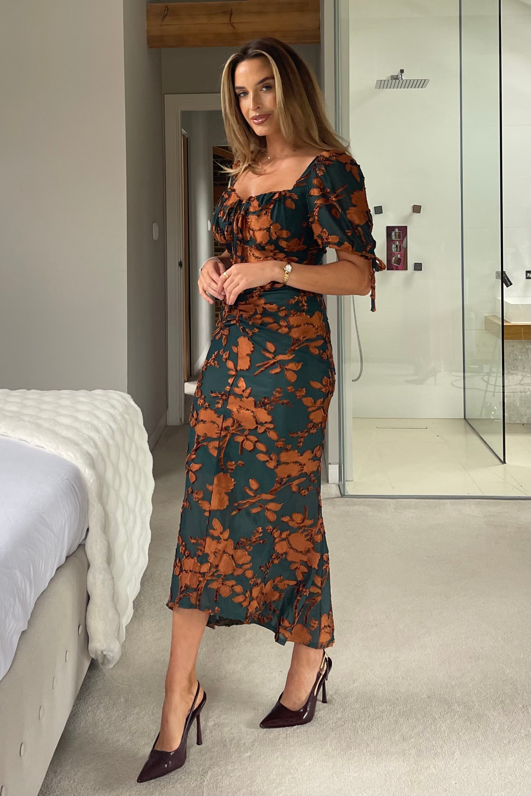 Dove Ruched Detail Midi Dress In Emerald Floral