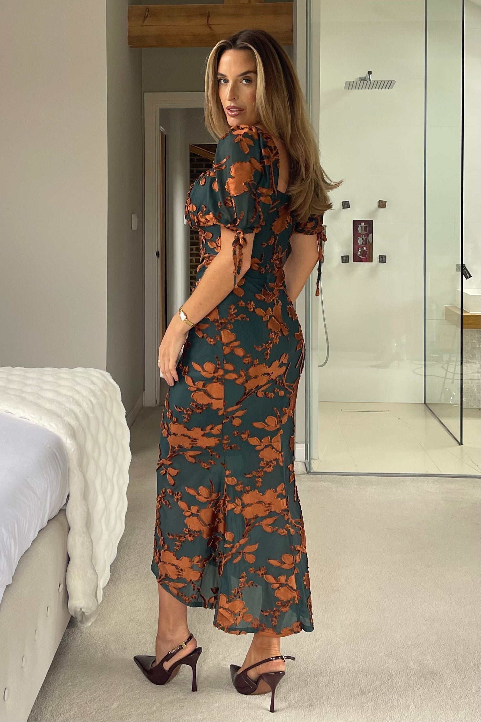 Dove Ruched Detail Midi Dress In Emerald Floral