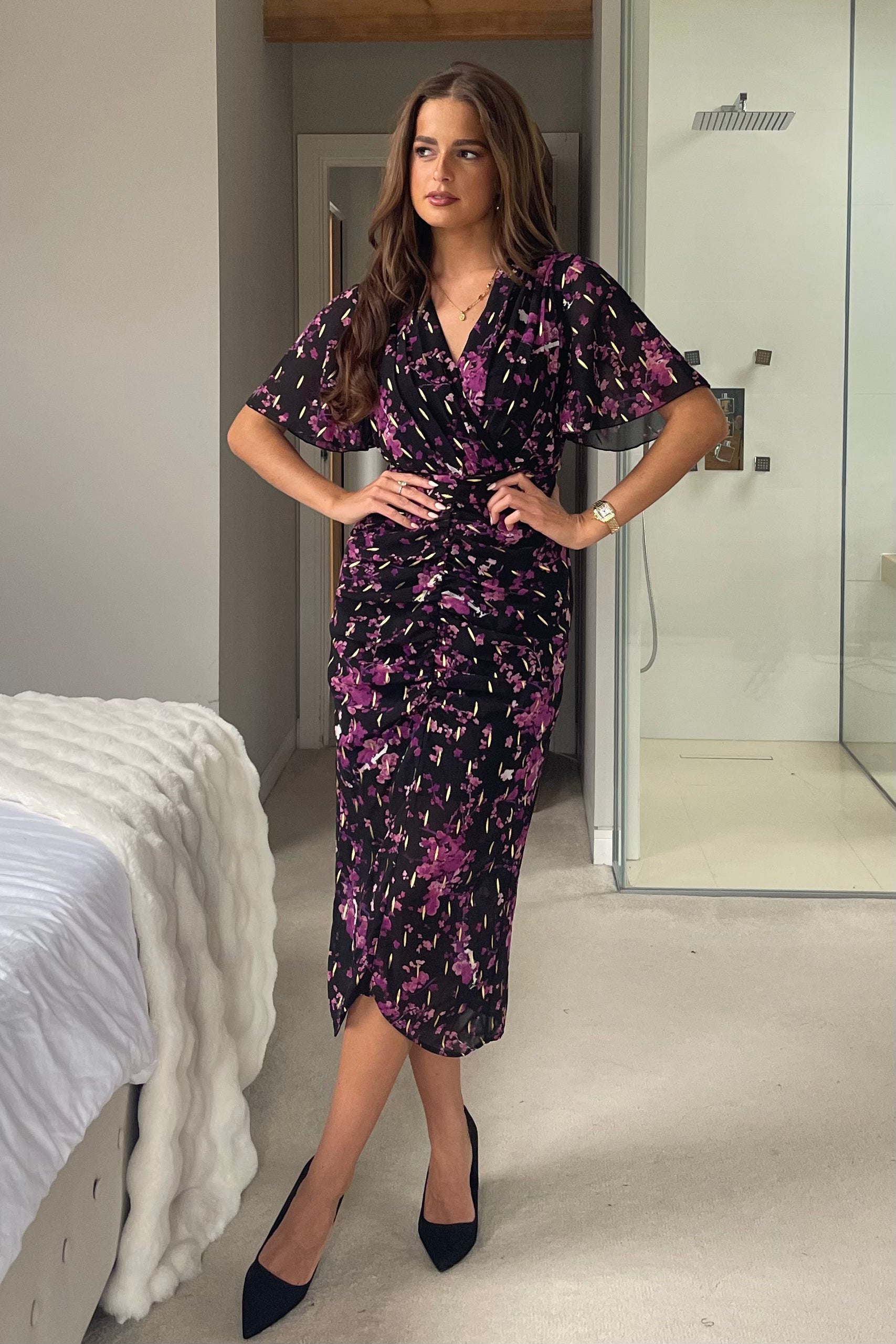 Blythe Foiled Floral Ruched Front Angel Sleeve Midi Dress