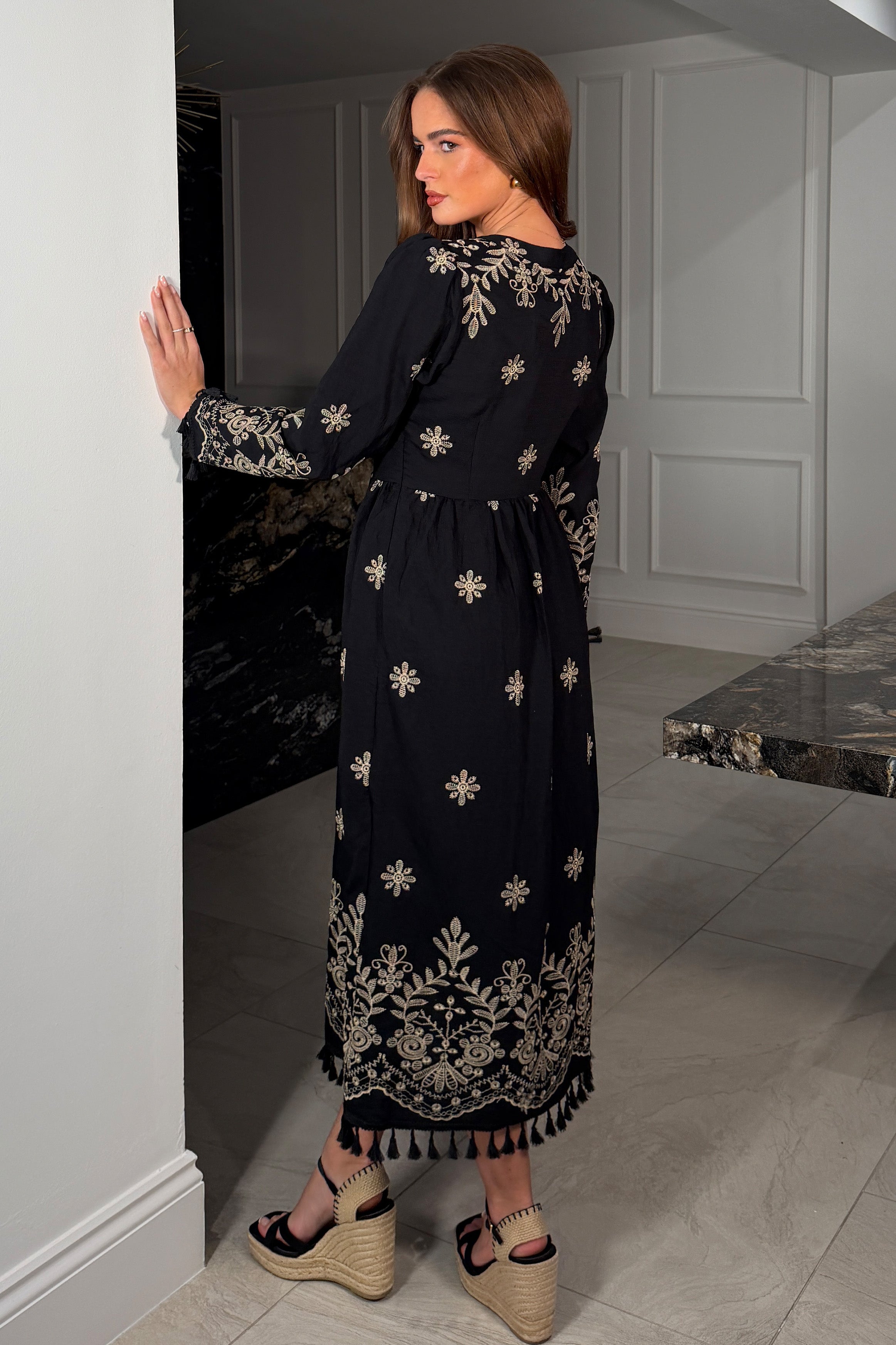 Enid Embroidered Maxi Dress Black