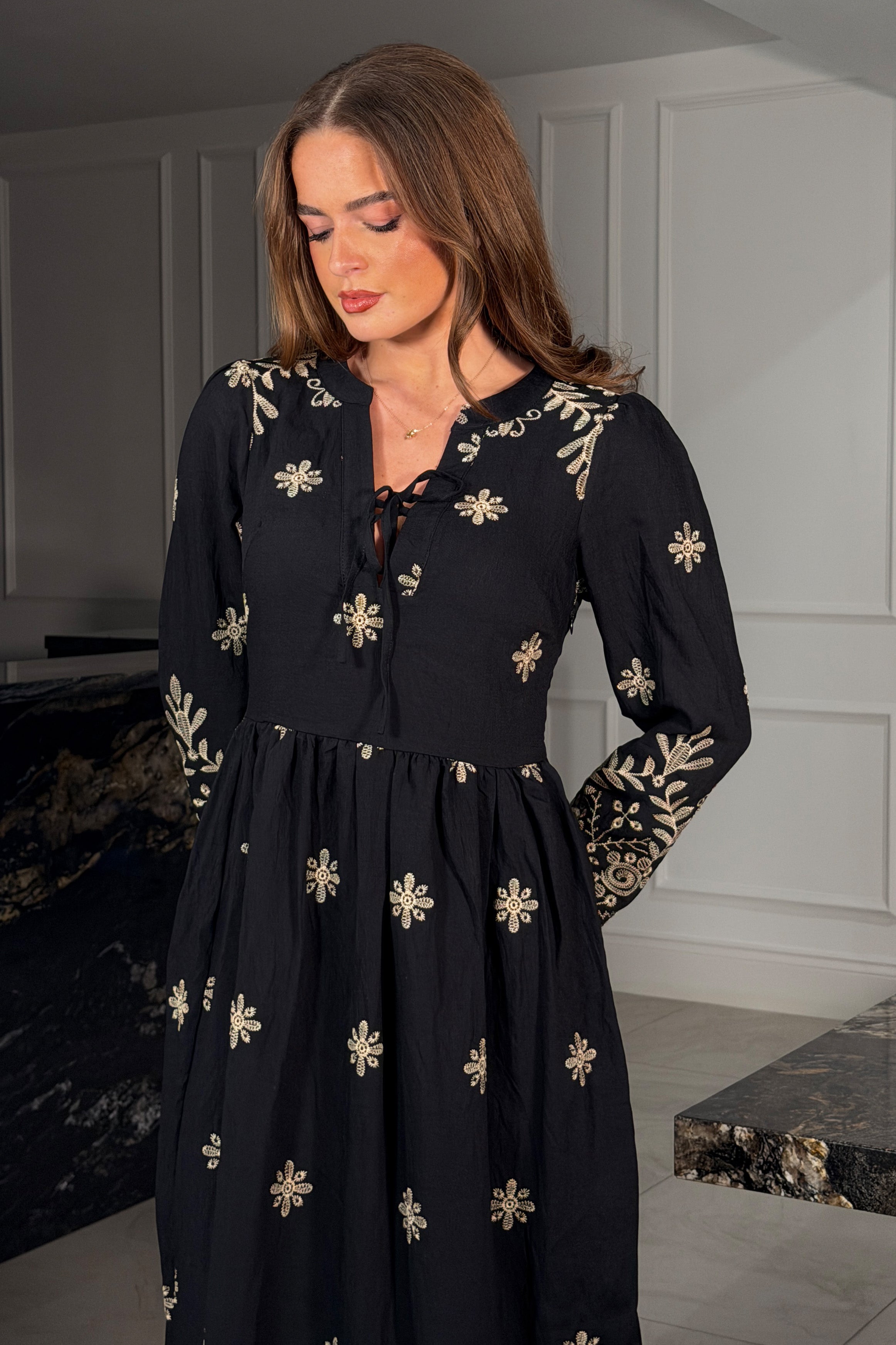 Enid Embroidered Maxi Dress Black