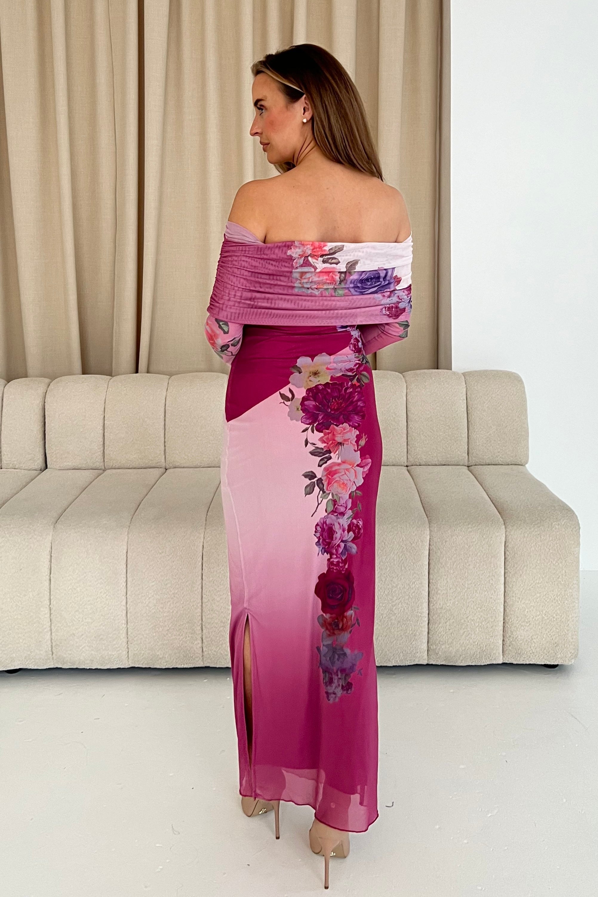 Reine Off The Shoulder Pink Floral Maxi Dress