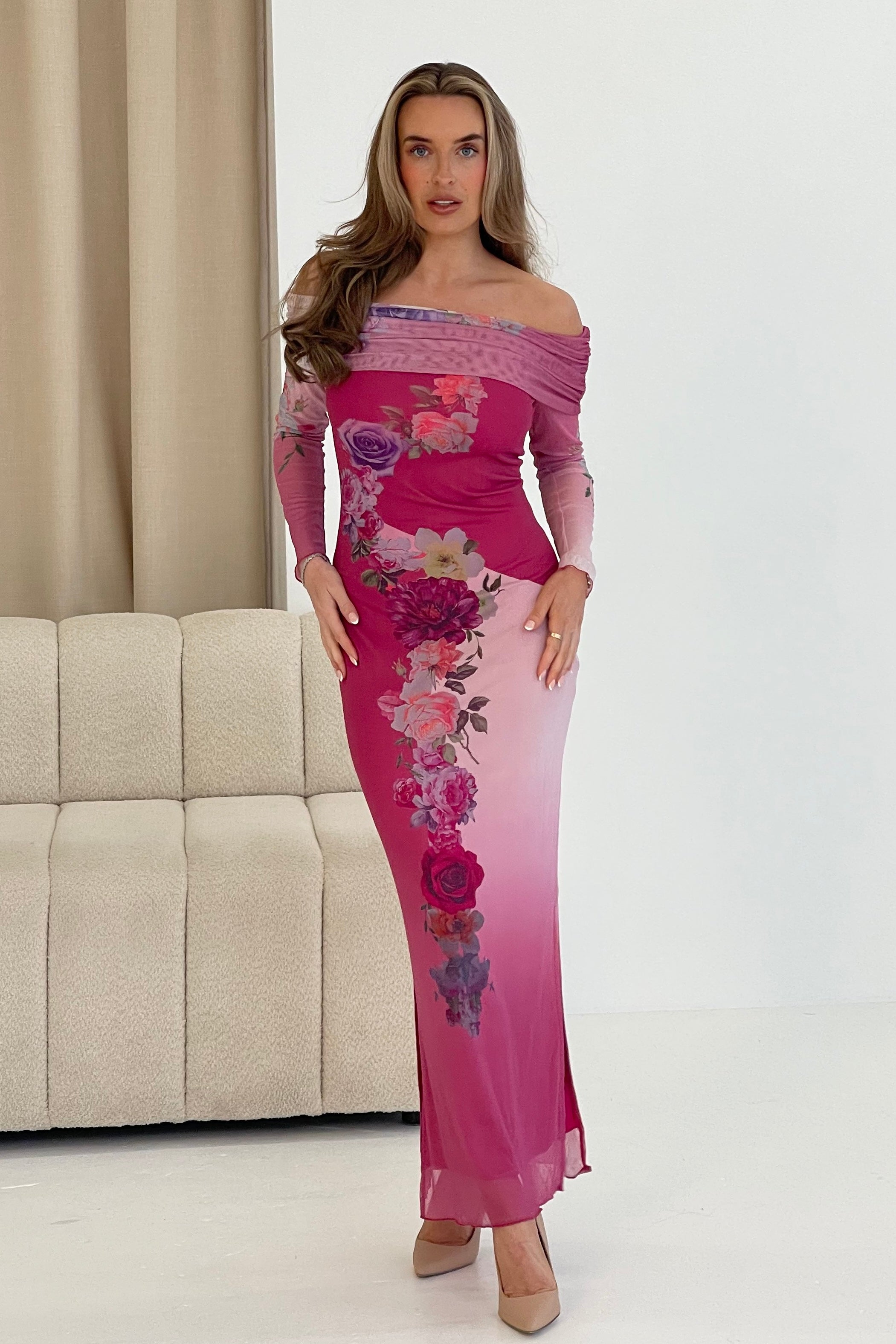 Reine Off The Shoulder Pink Floral Maxi Dress