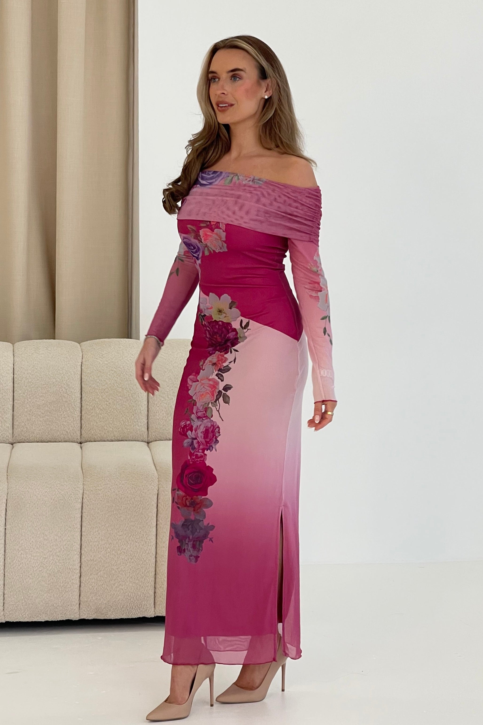 Reine Off The Shoulder Pink Floral Maxi Dress