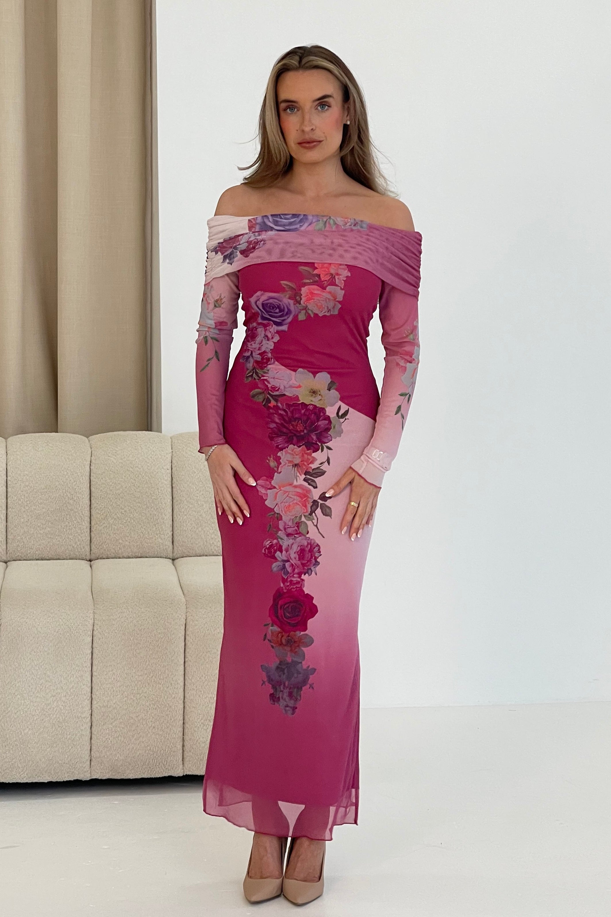 Reine Off The Shoulder Pink Floral Maxi Dress