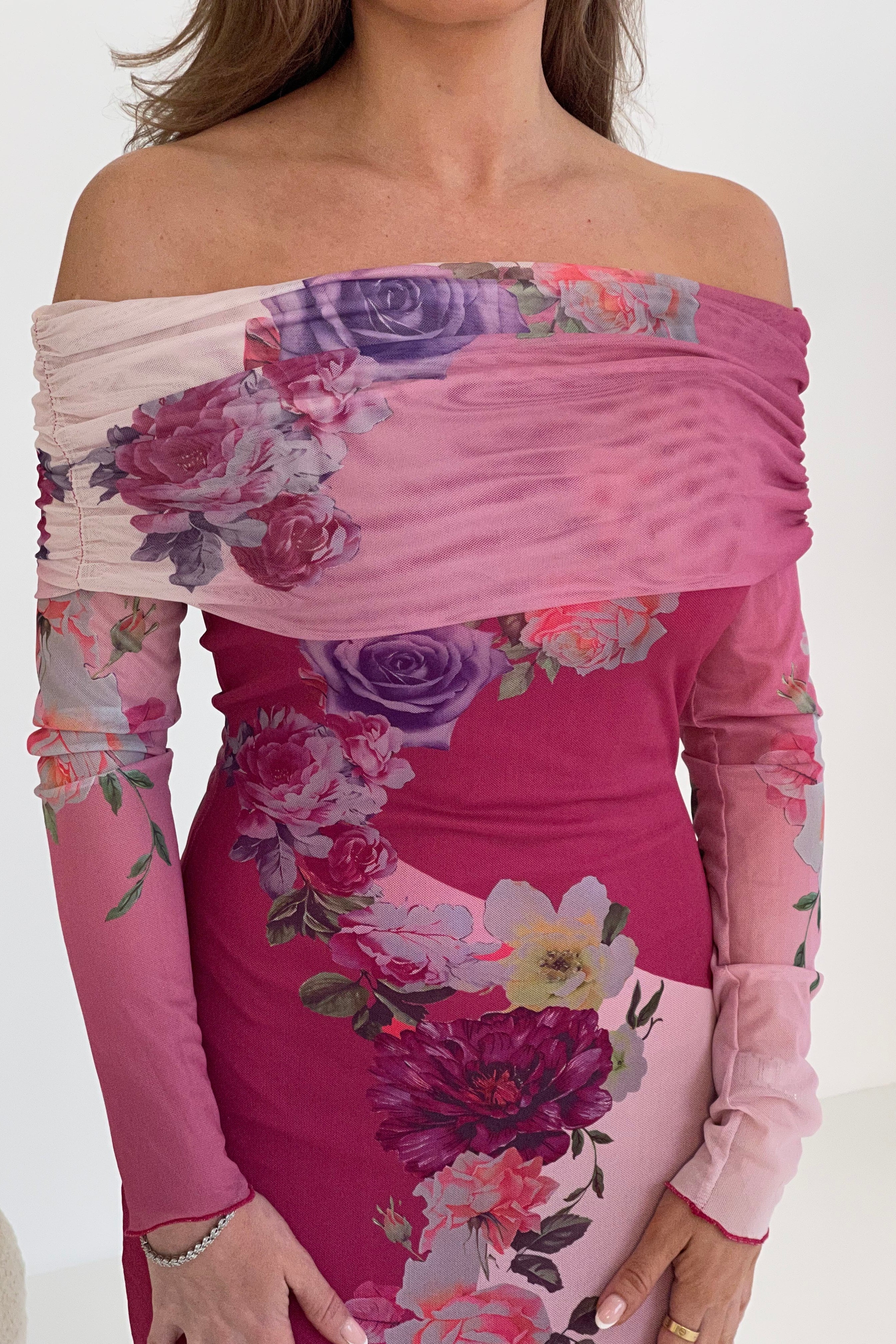 Reine Off The Shoulder Pink Floral Maxi Dress