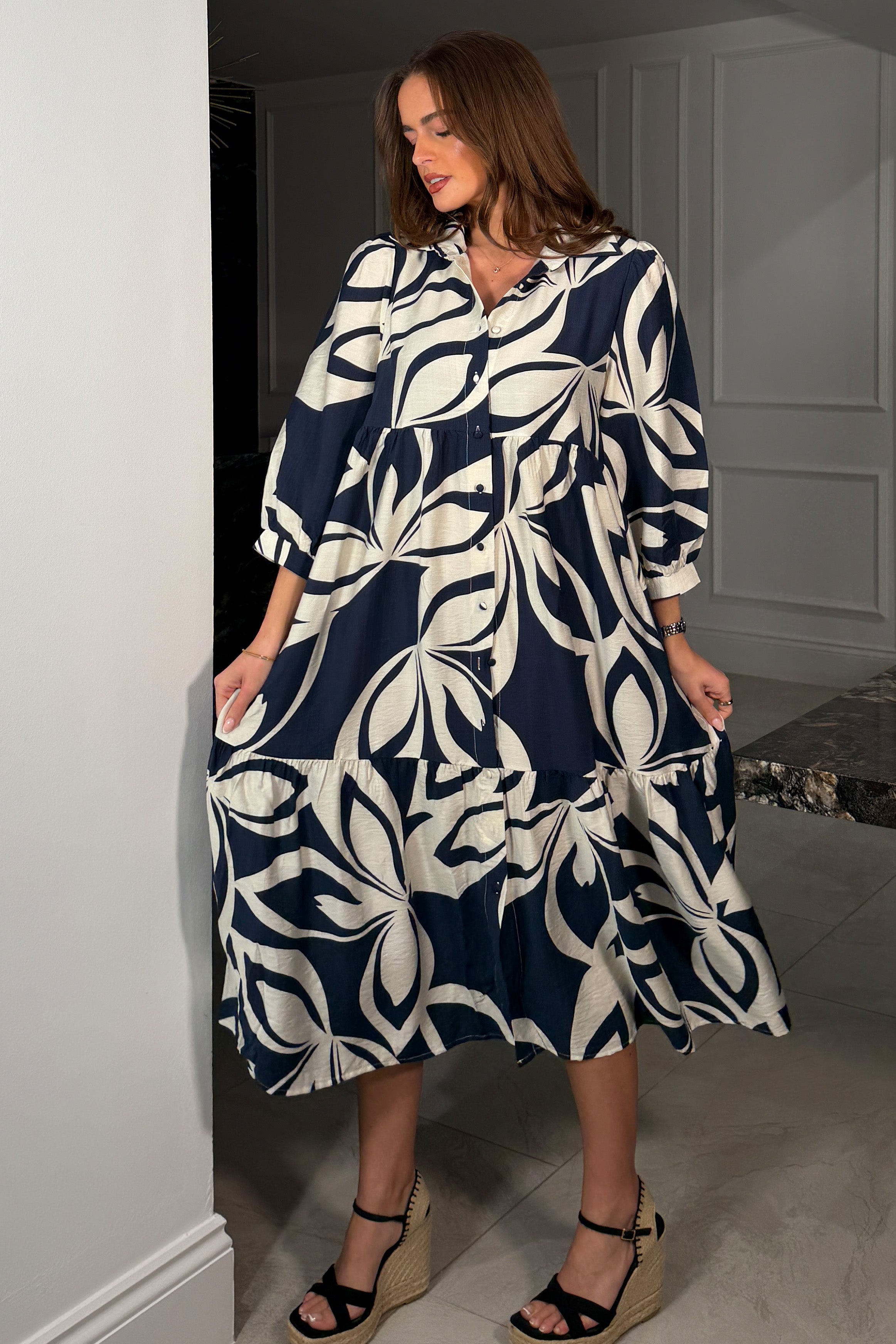 Emery 3/4 Sleeve Smock Maxi Shirt Dress Navy