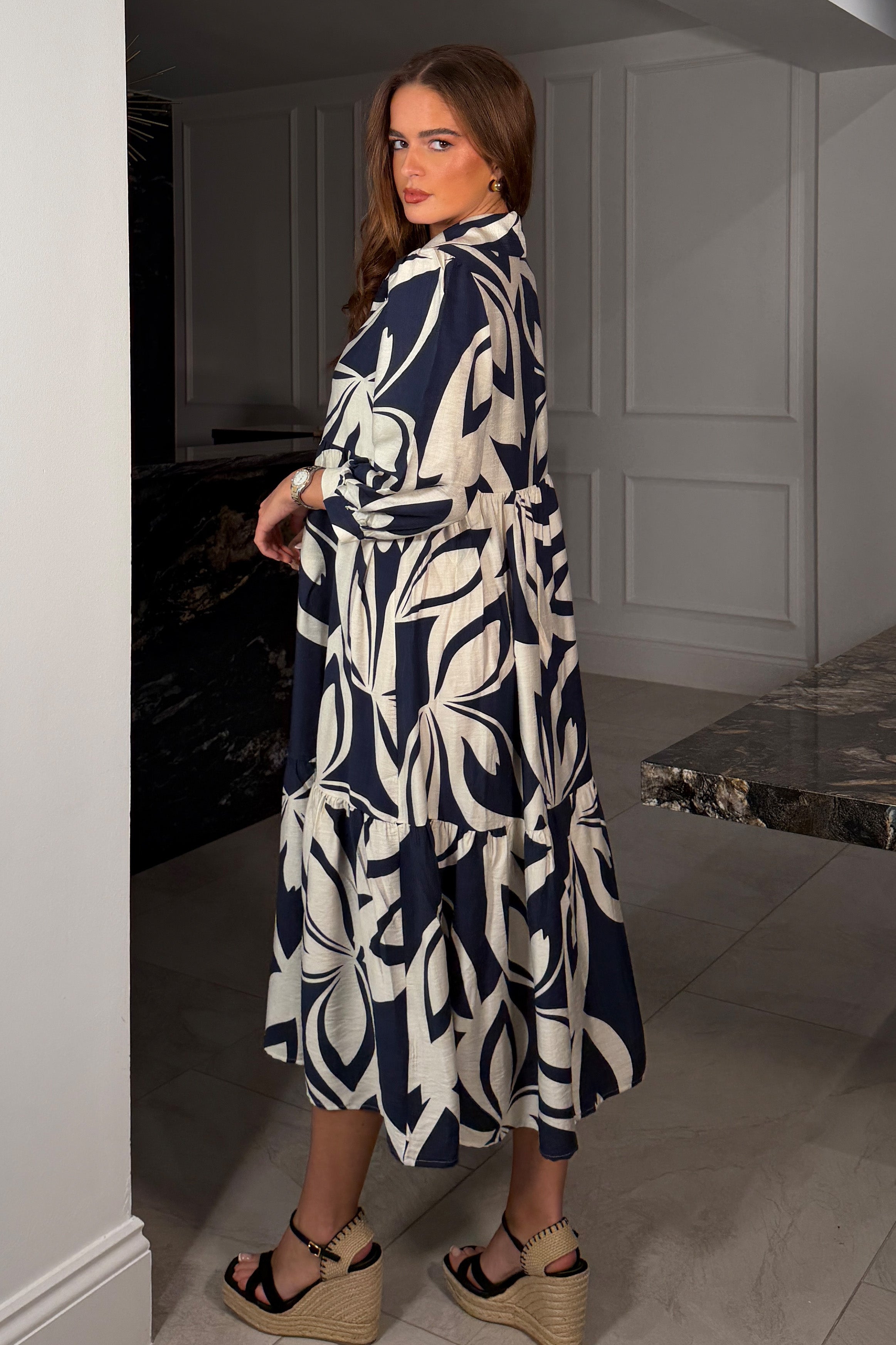 Emery 3/4 Sleeve Smock Maxi Shirt Dress Navy