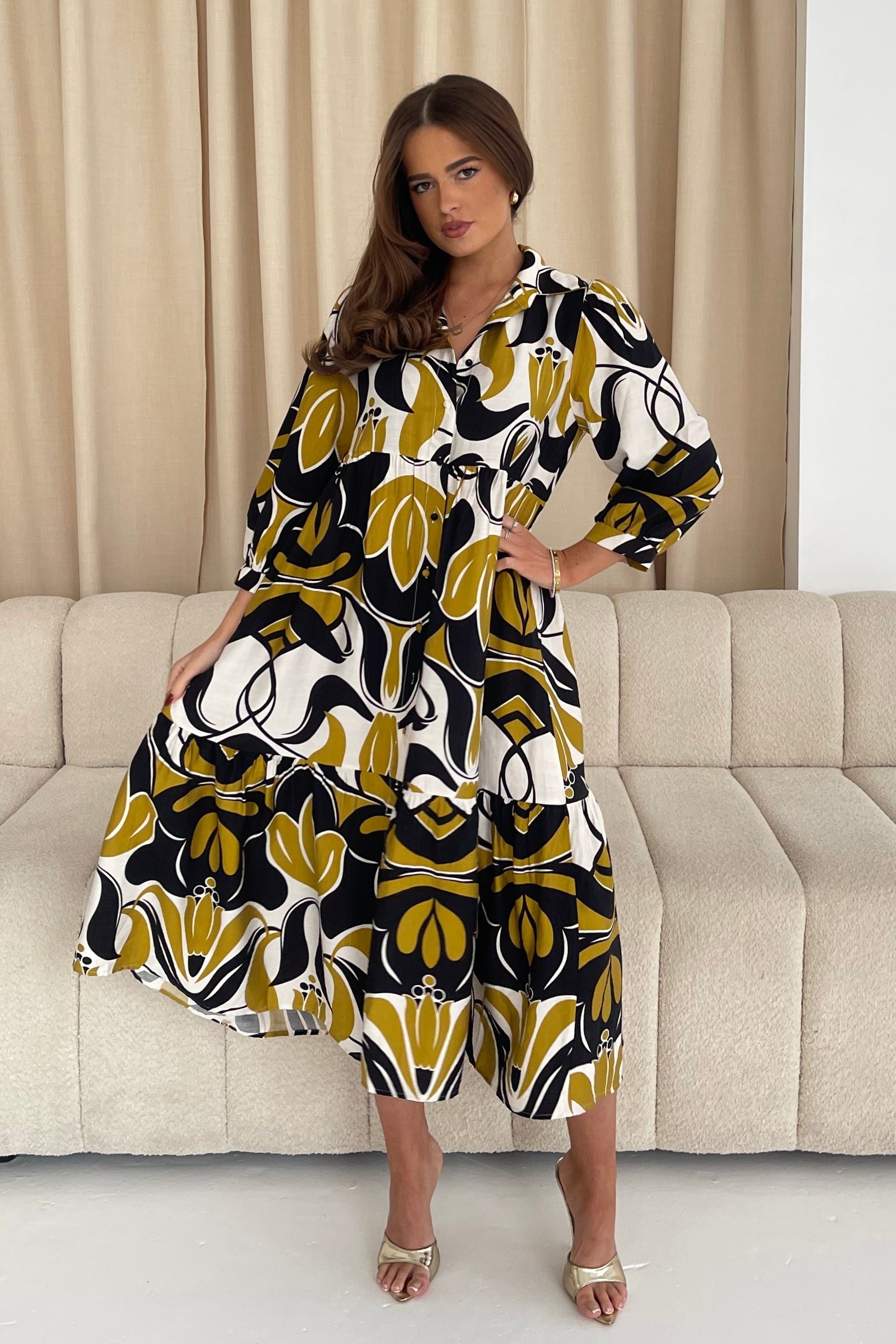 Emery 3/4 Sleeve Smock Maxi Shirt Dress Yellow