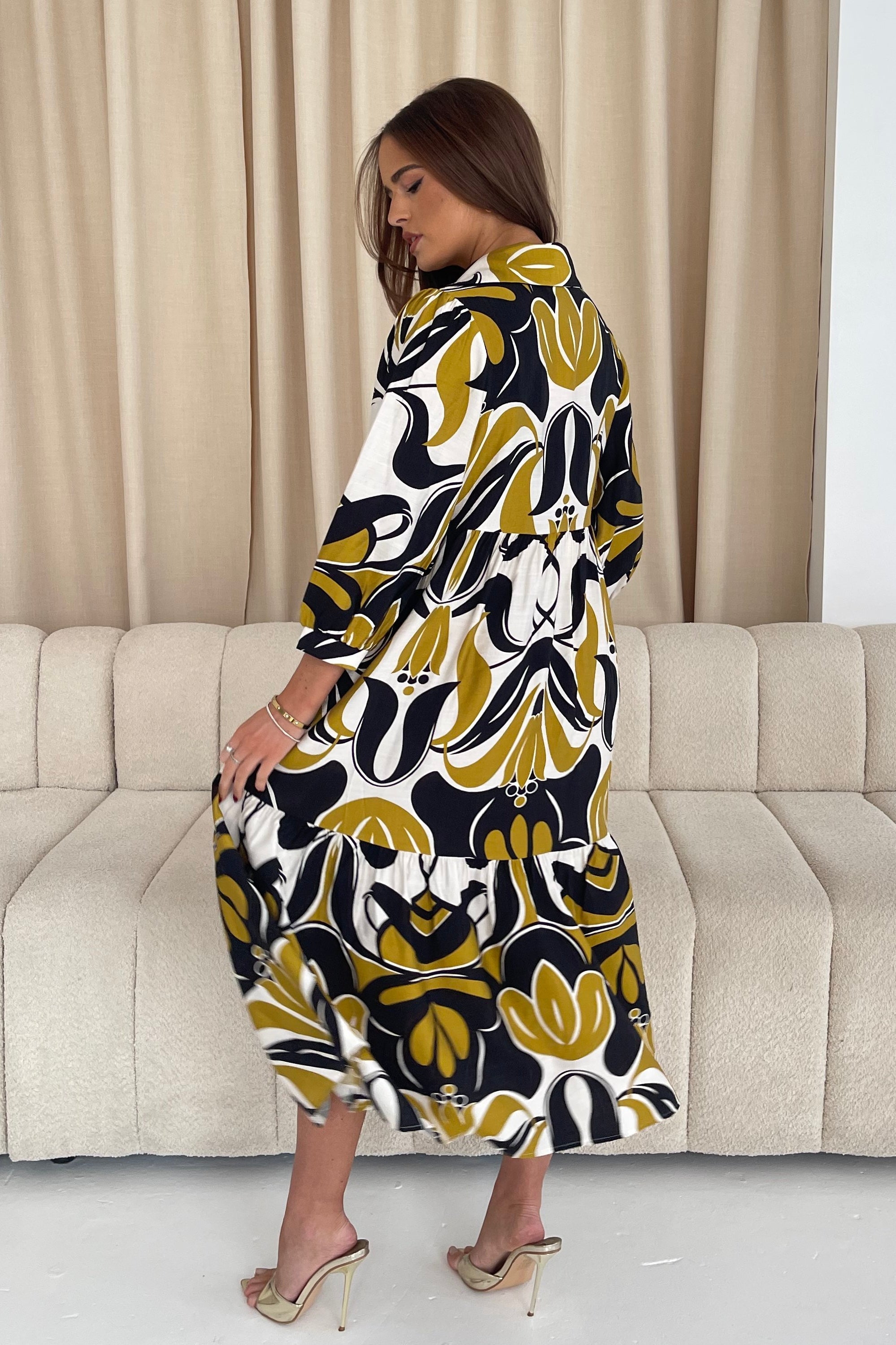 Emery 3/4 Sleeve Smock Maxi Shirt Dress Yellow