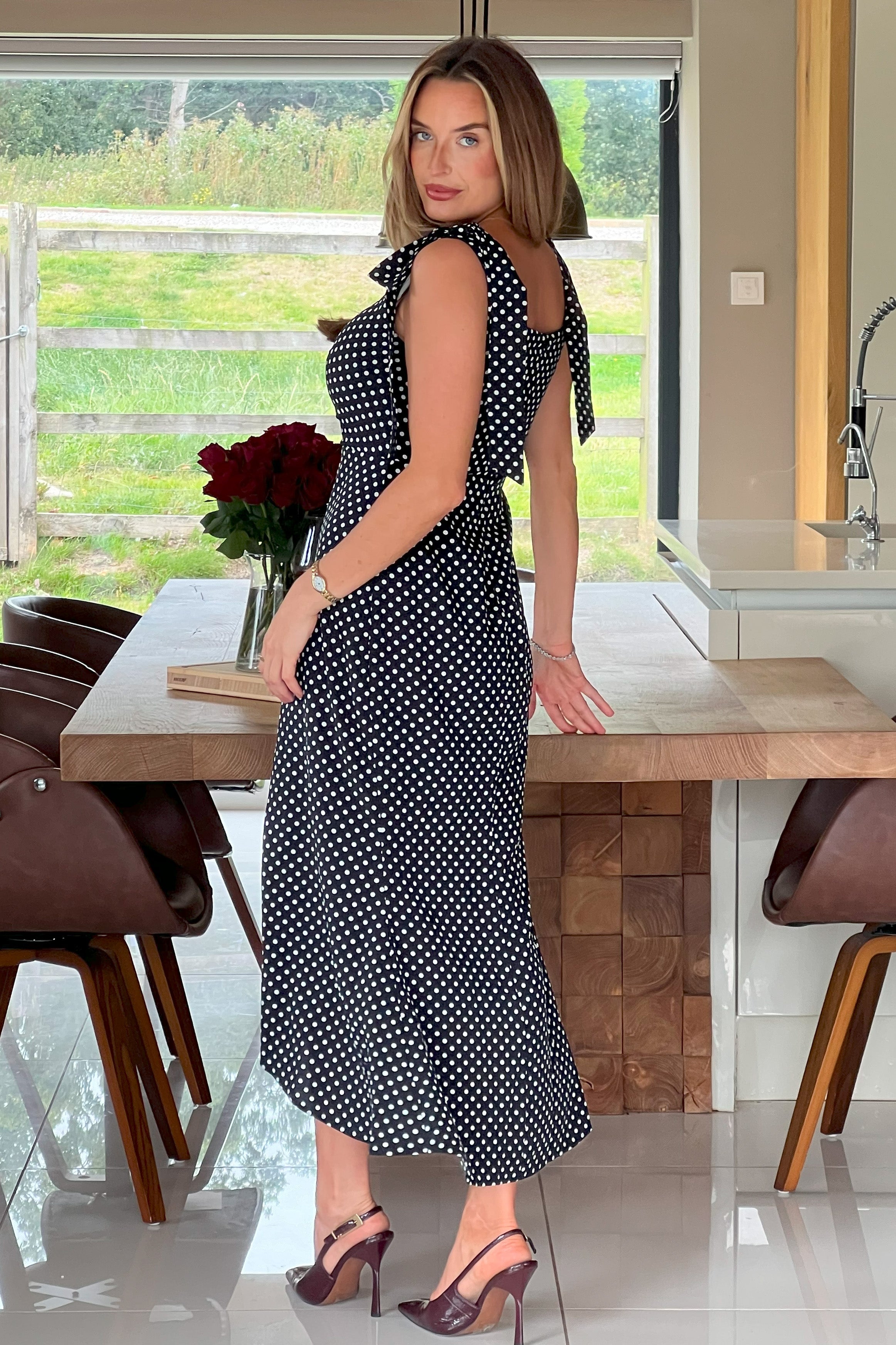 Jovi Tie Shoulder Square Neck Midi Dress Black Spot
