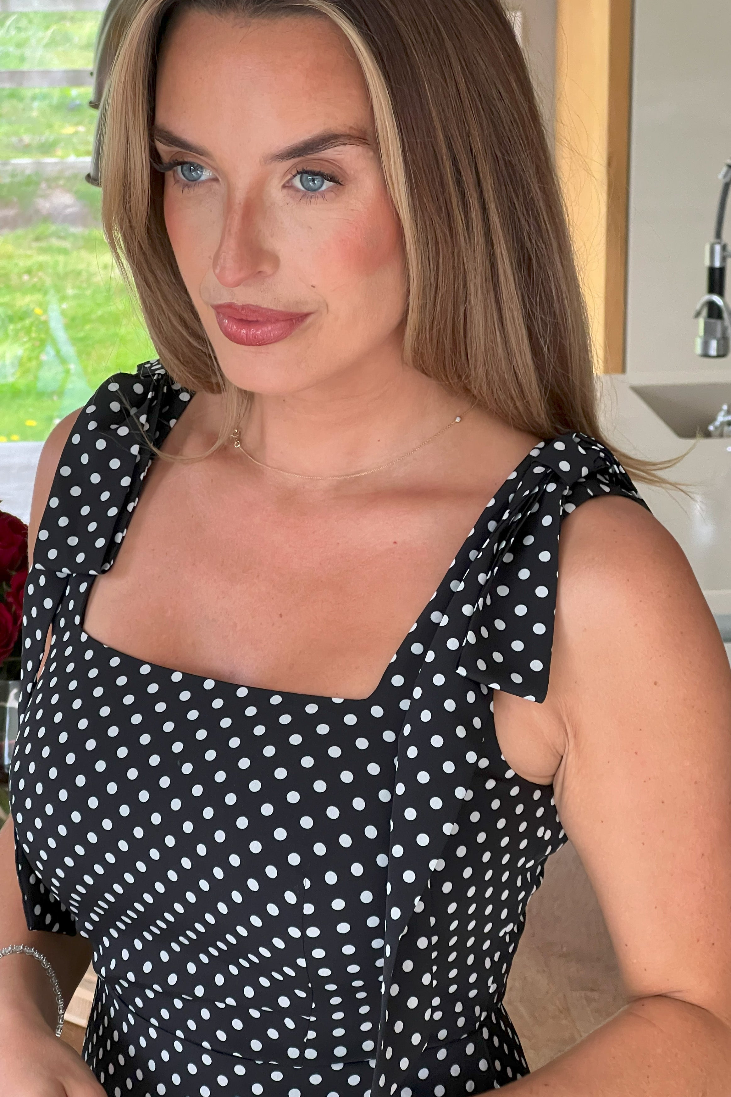 Jovi Tie Shoulder Square Neck Midi Dress Black Spot
