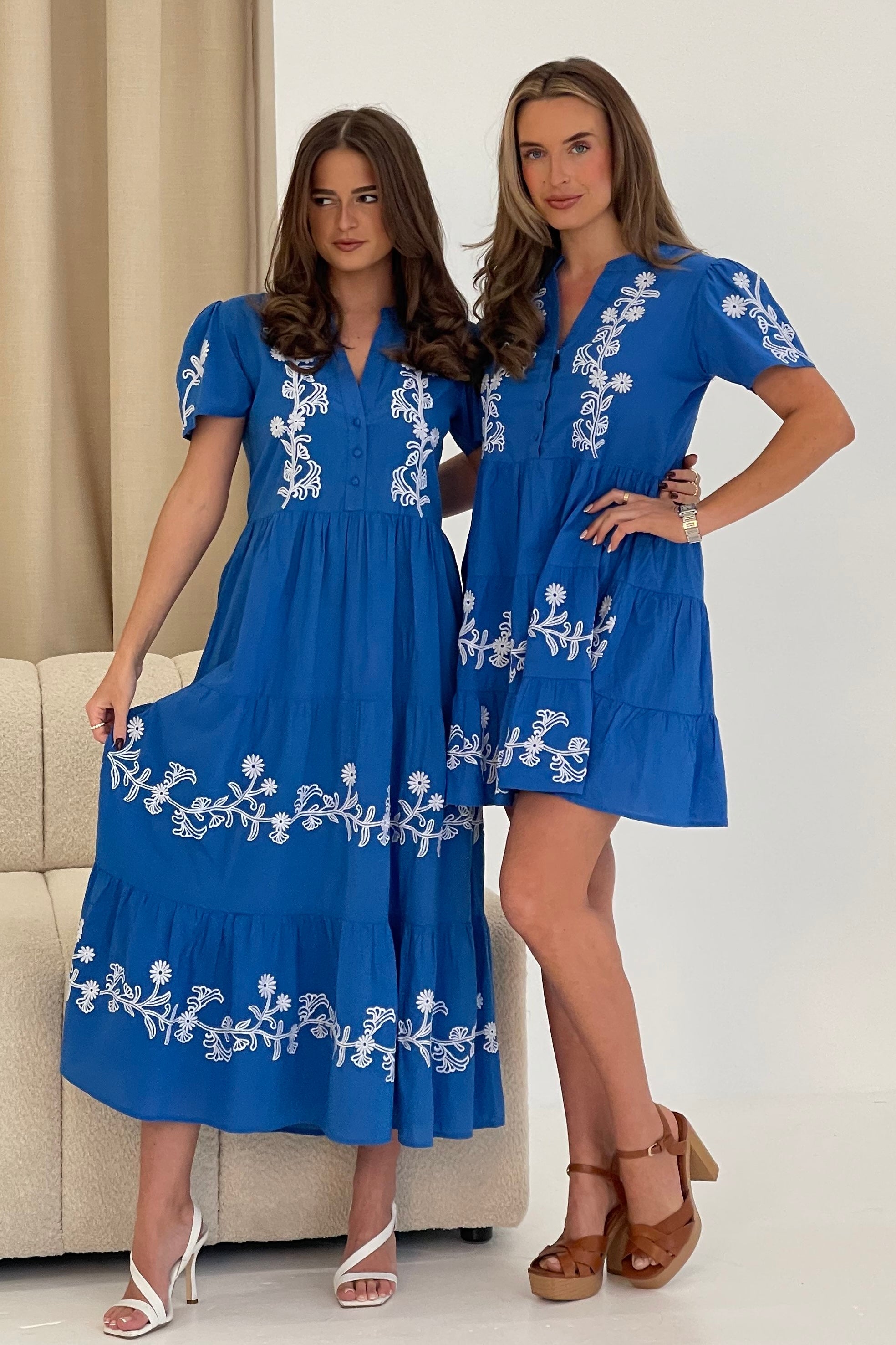 Loren Floral Embroidery Cotton Mini Smock Dress Blue