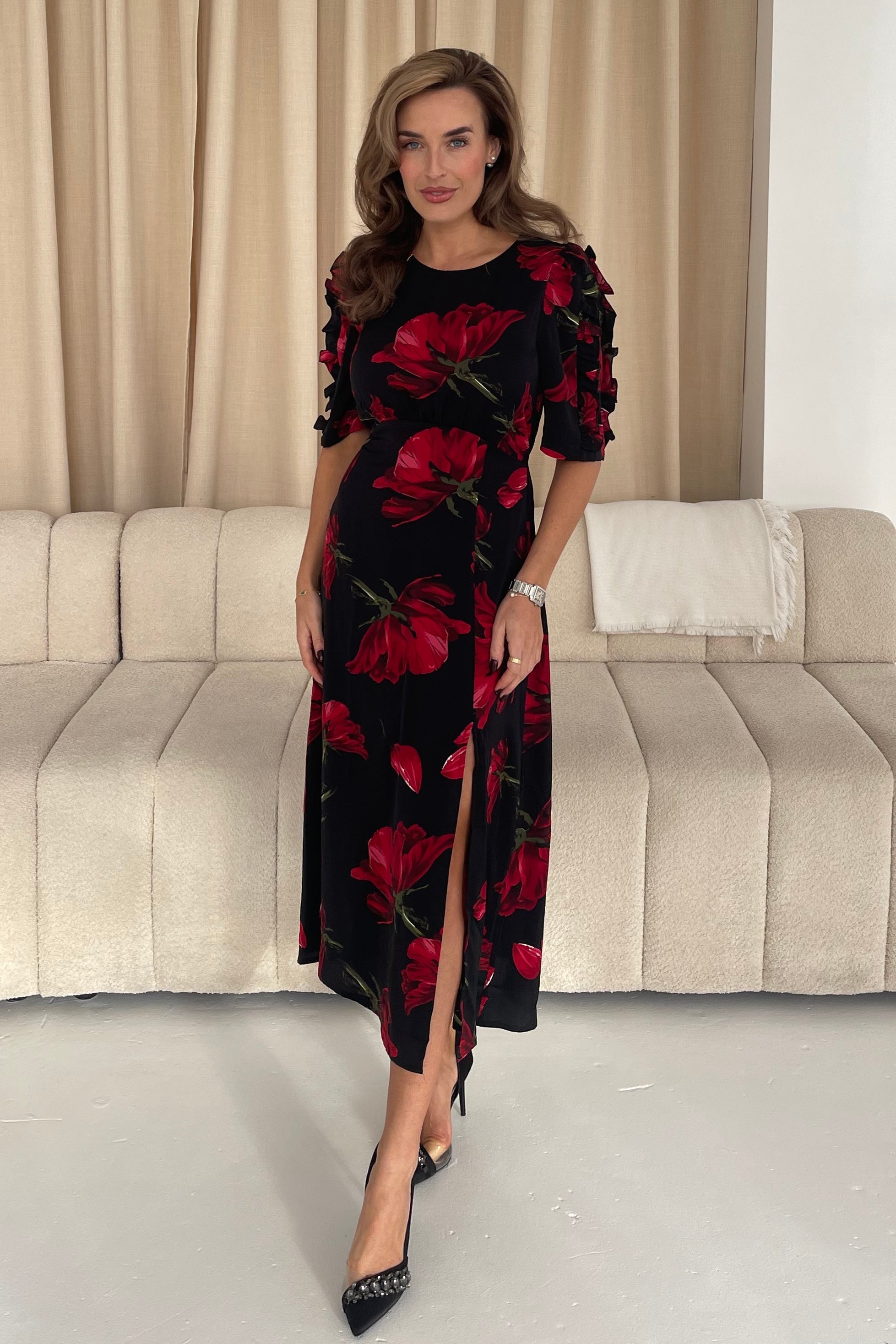 Samira Black Floral Frill Sleeve Midi Dress