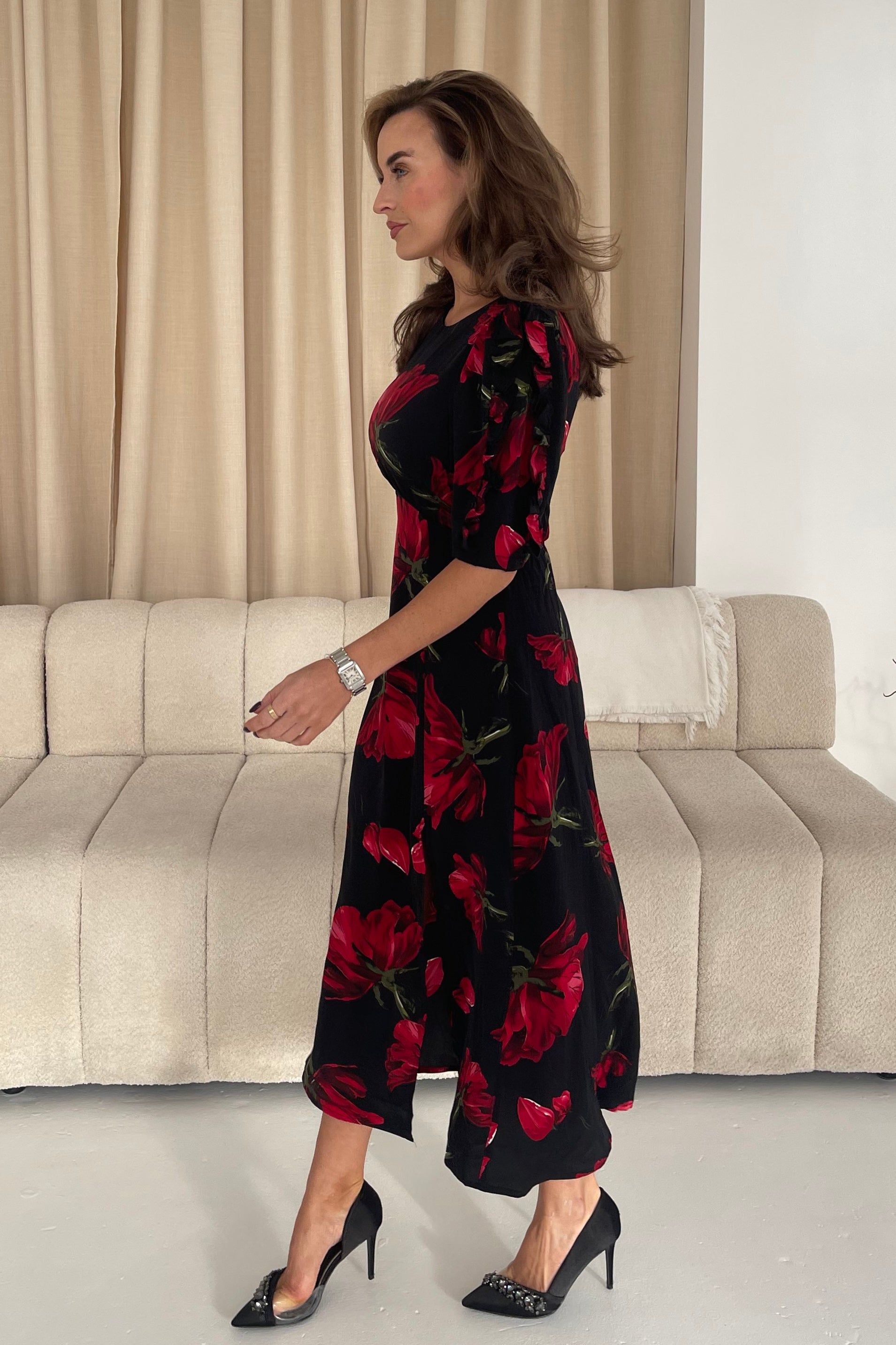 Samira Black Floral Frill Sleeve Midi Dress