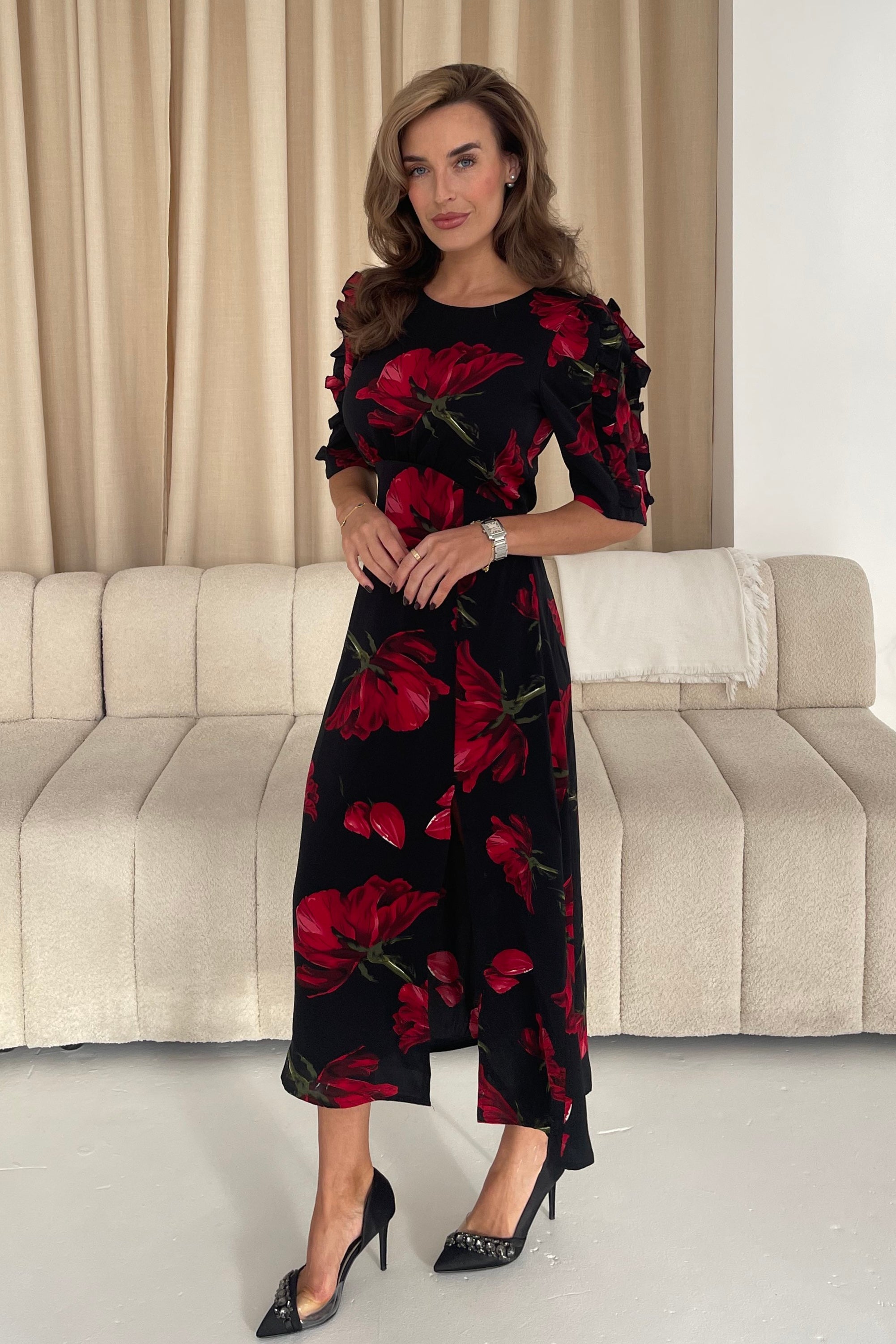 Samira Black Floral Frill Sleeve Midi Dress