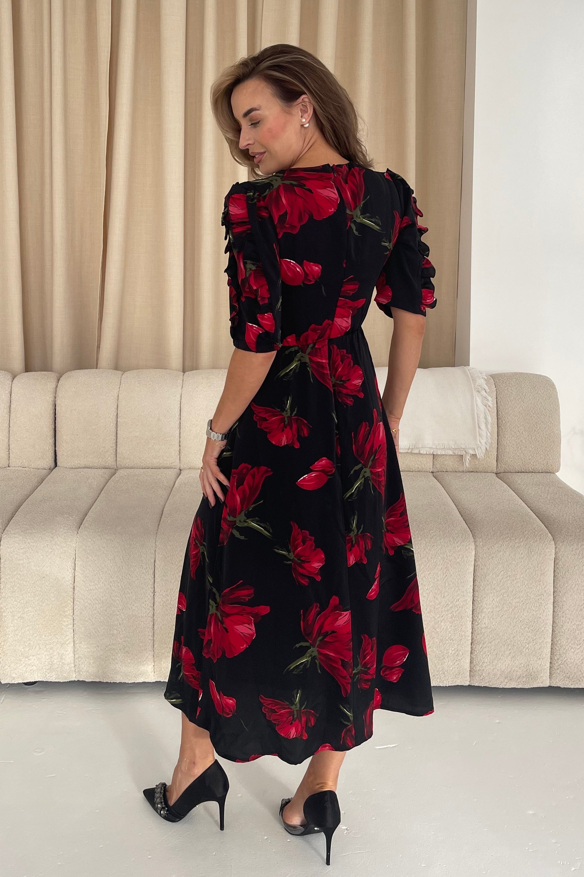 Samira Black Floral Frill Sleeve Midi Dress
