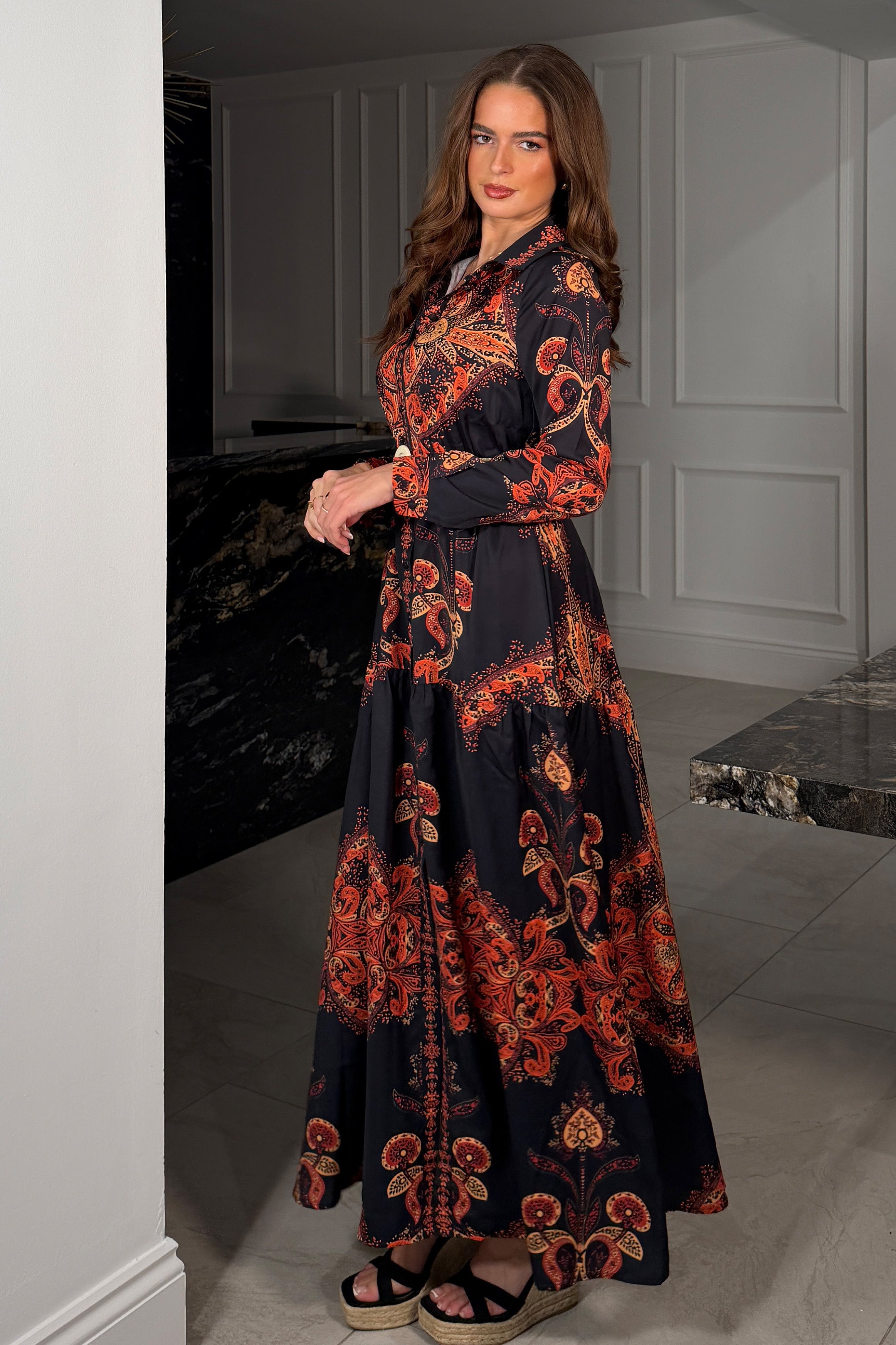 Bowie Tiered Maxi Shirt Dress In Black