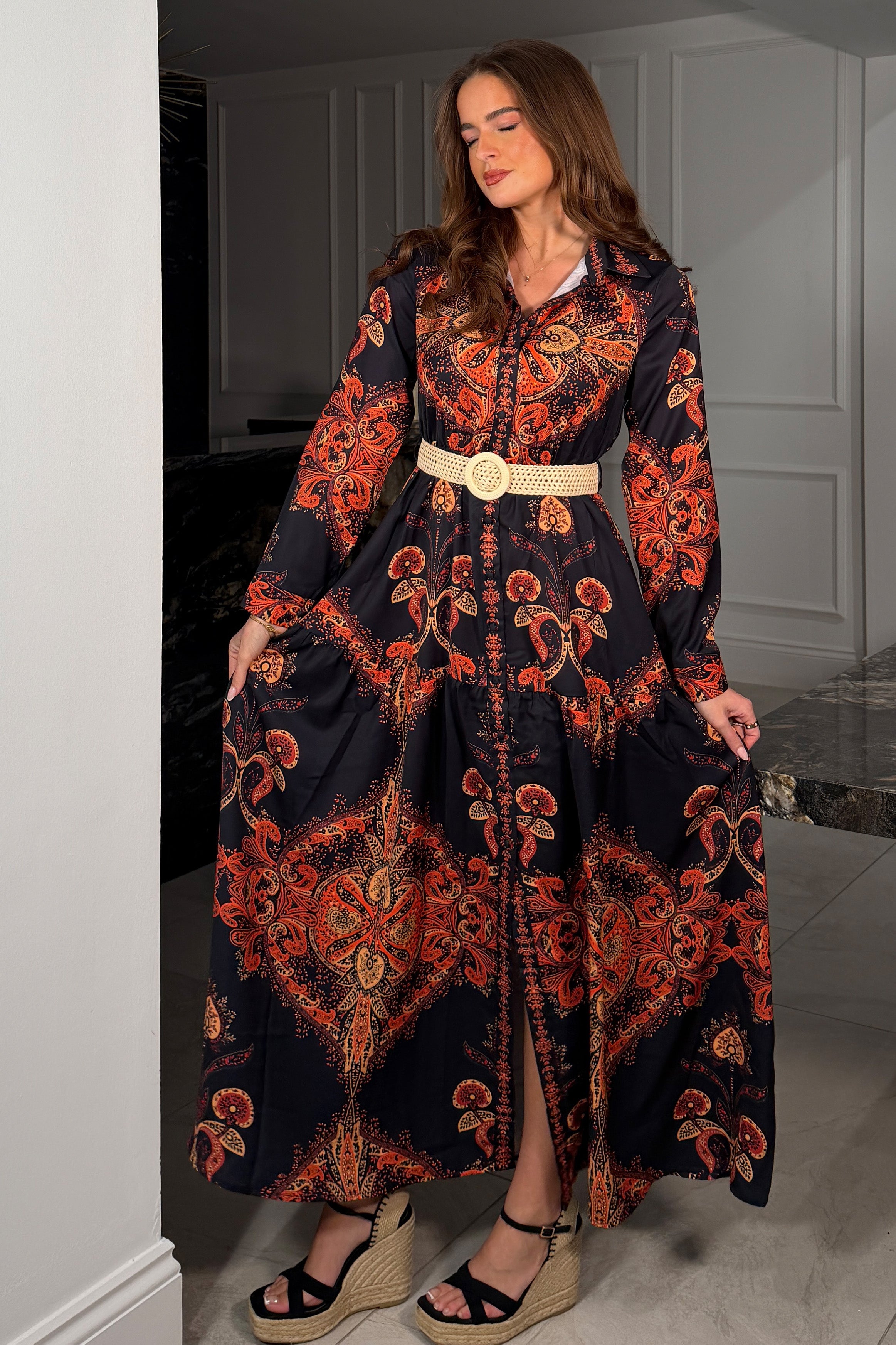 Bowie Tiered Maxi Shirt Dress In Black