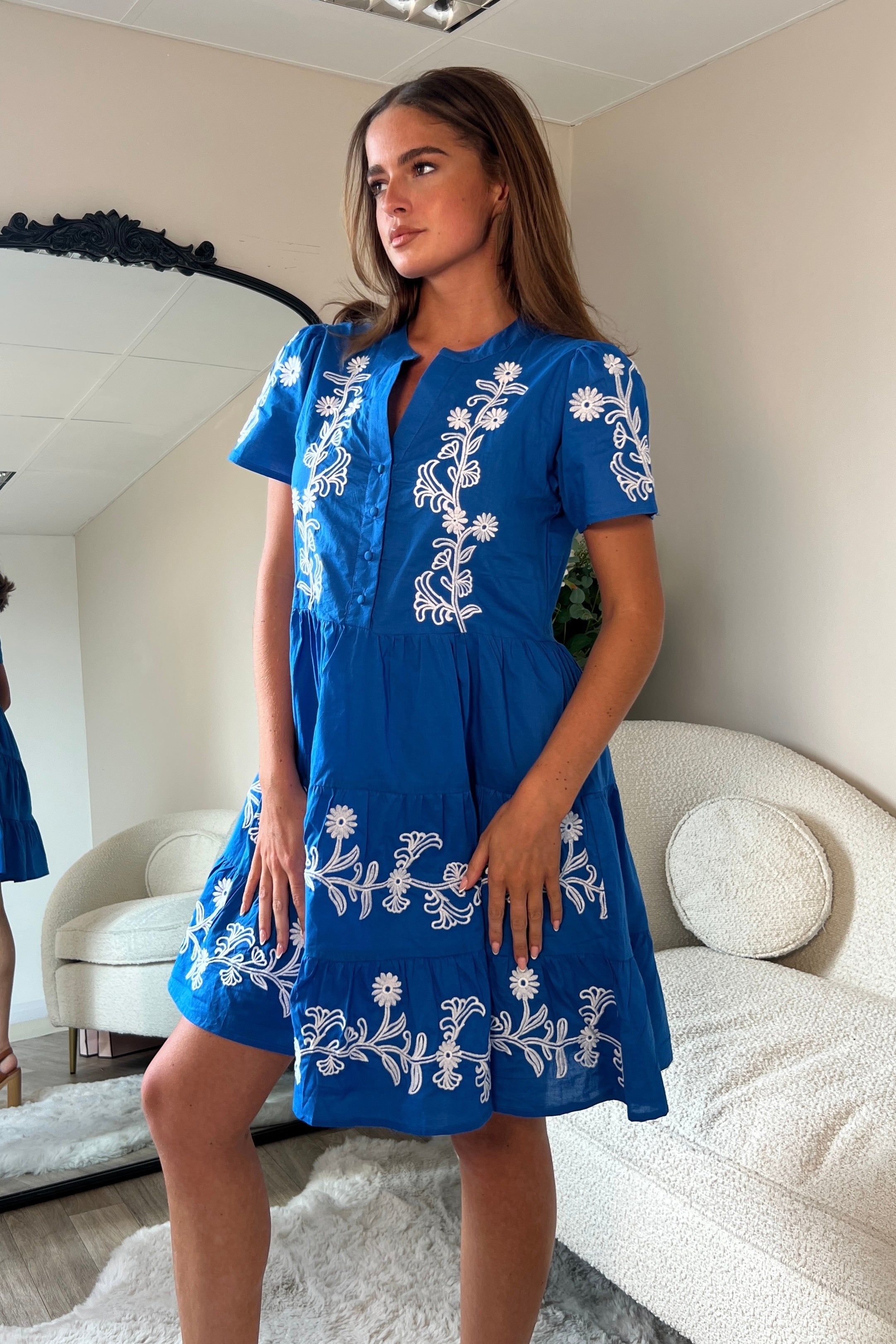 Loren Floral Embroidery Cotton Mini Smock Dress Blue