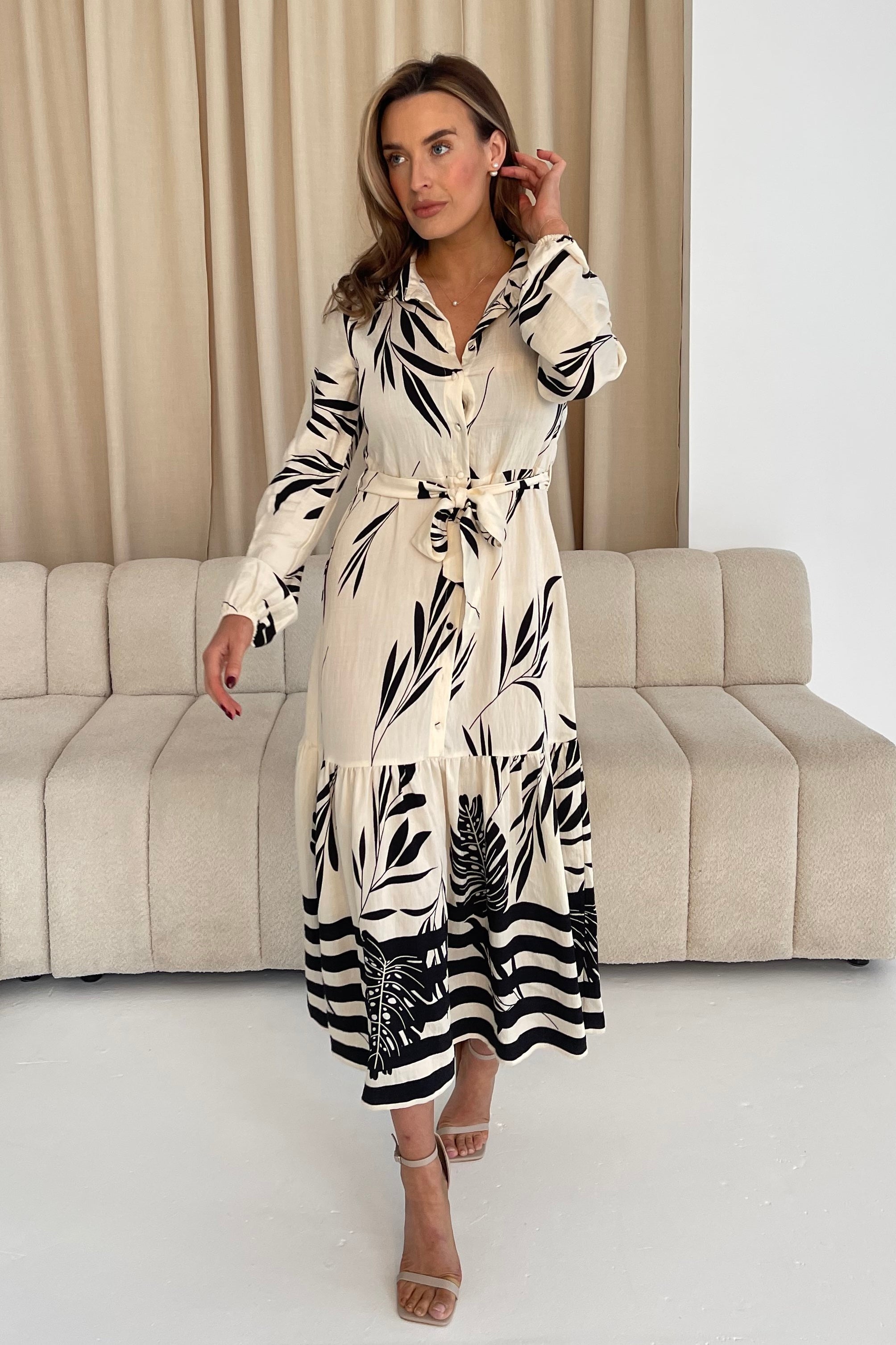 Tiana Mono Print Tiered Maxi Shirt Dress
