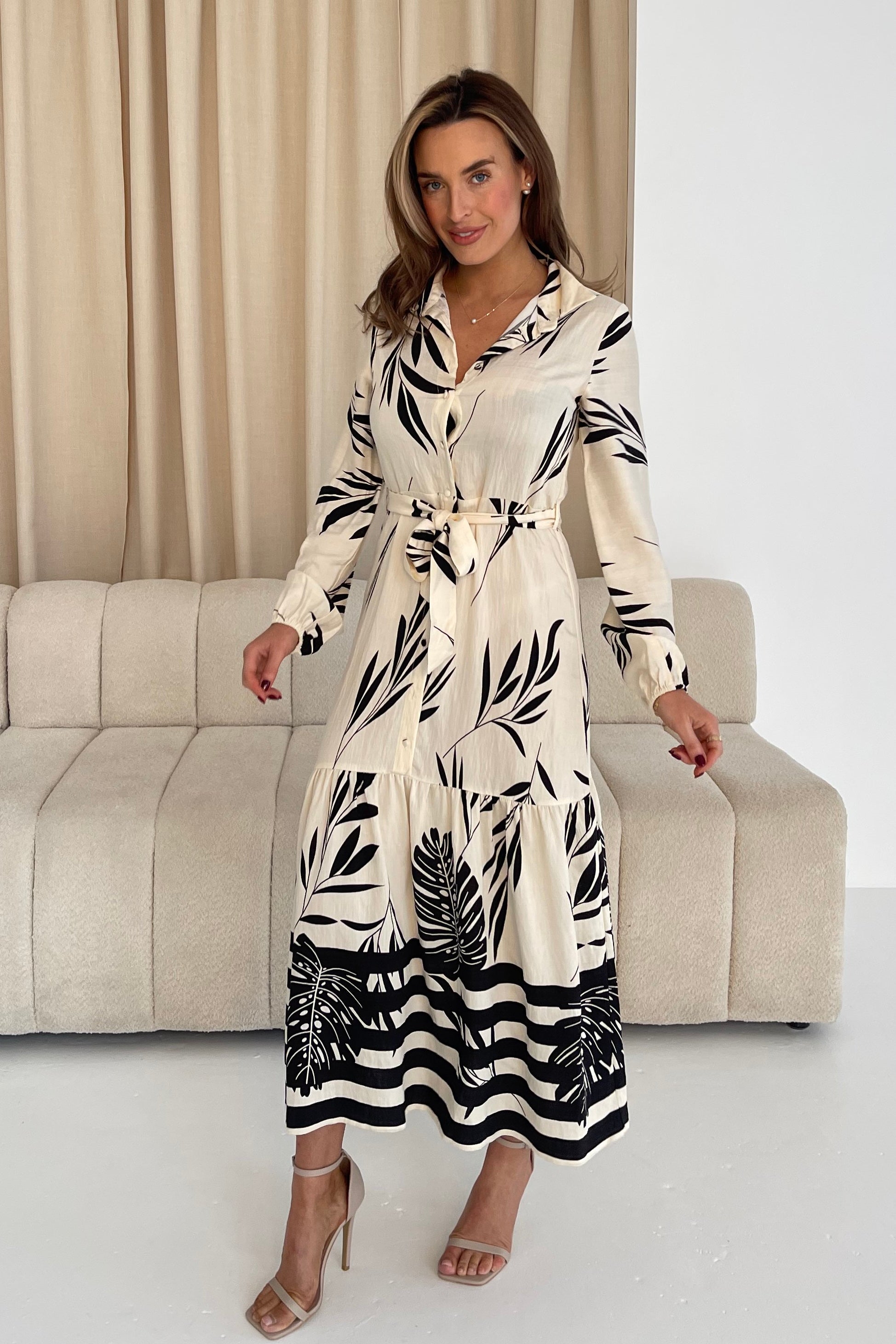Tiana Mono Print Tiered Maxi Shirt Dress