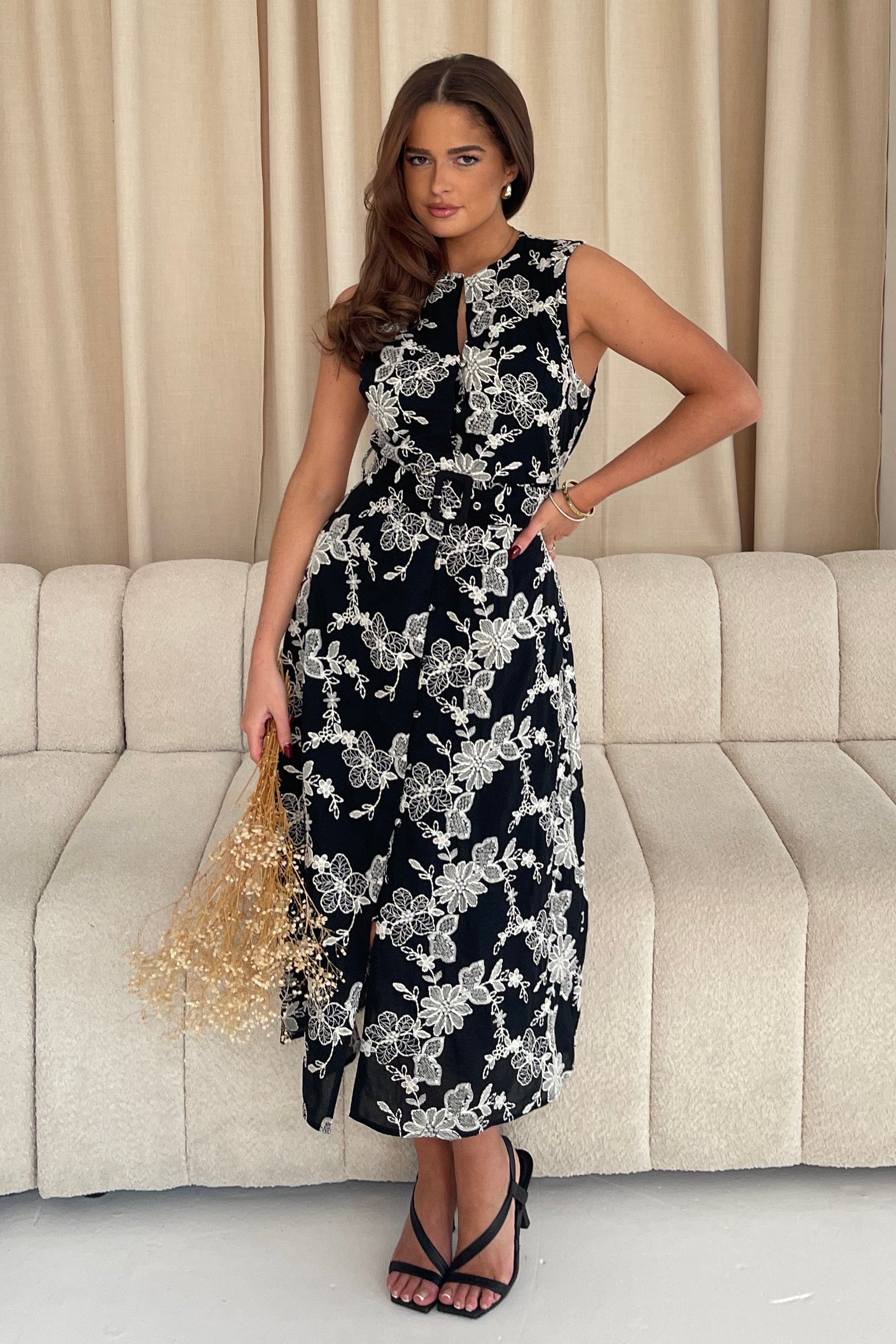 Cordelia Floral Embroidery Midi Dress Black