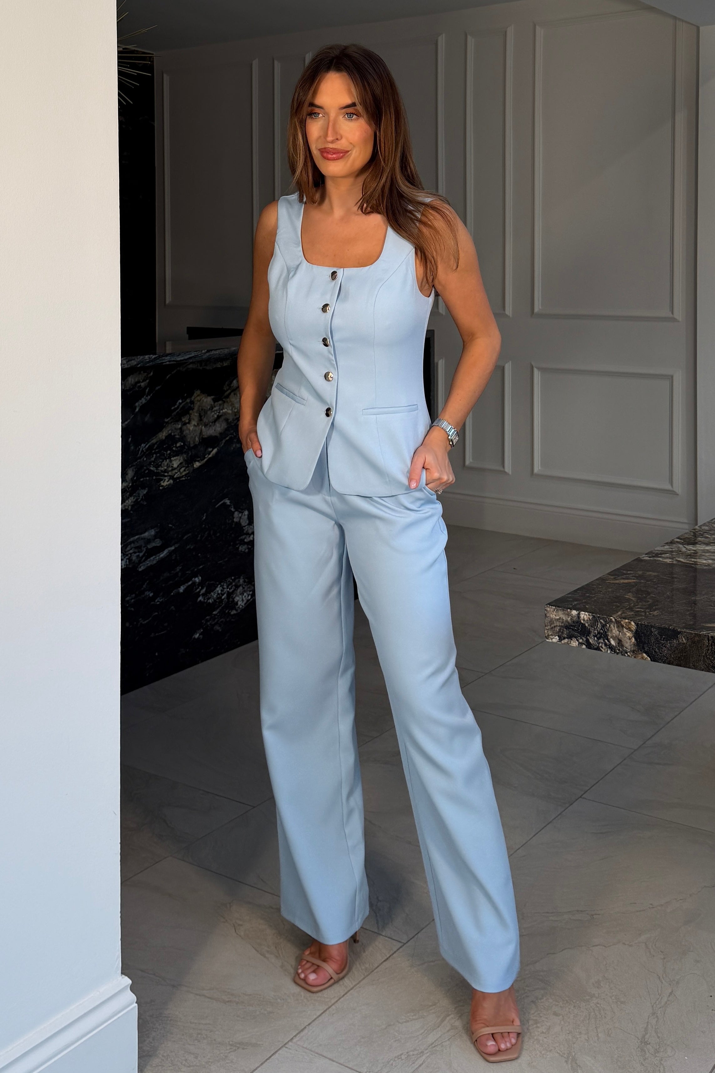 Jo Pleat Detail Tailored Trouser Sky Blue