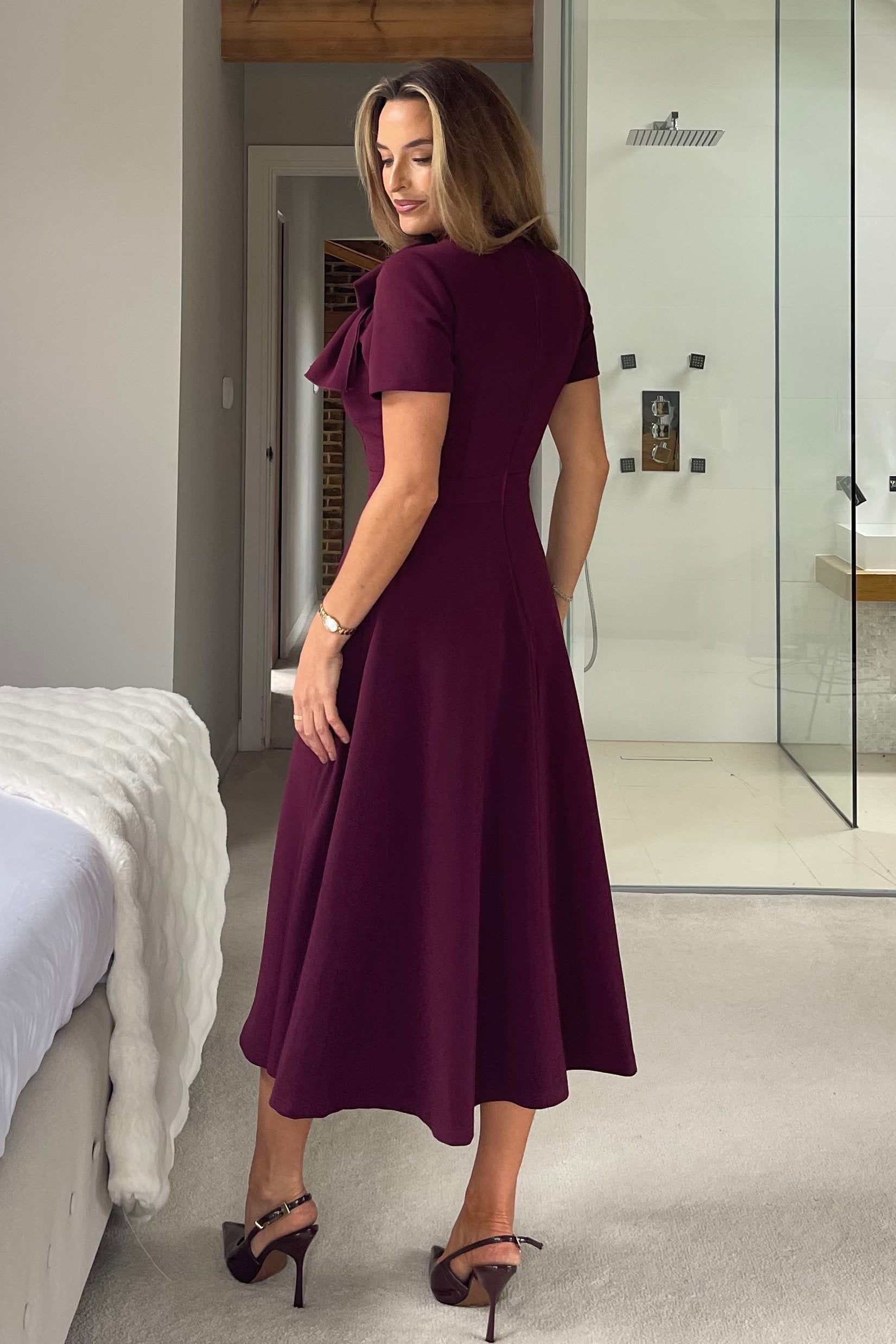 Minta Bow Detail Short Sleeve Midi Dress Plum