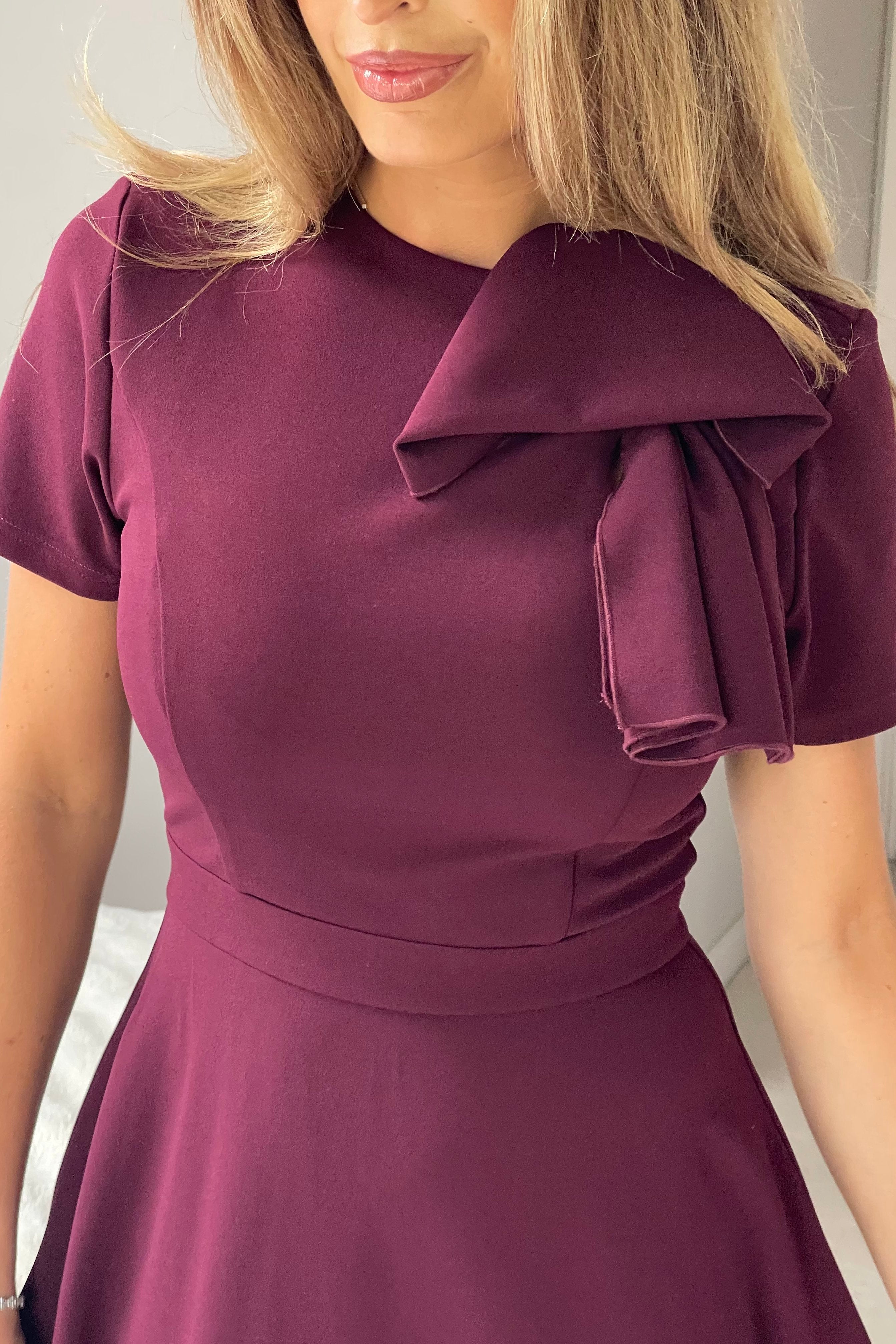 Minta Bow Detail Short Sleeve Midi Dress Plum