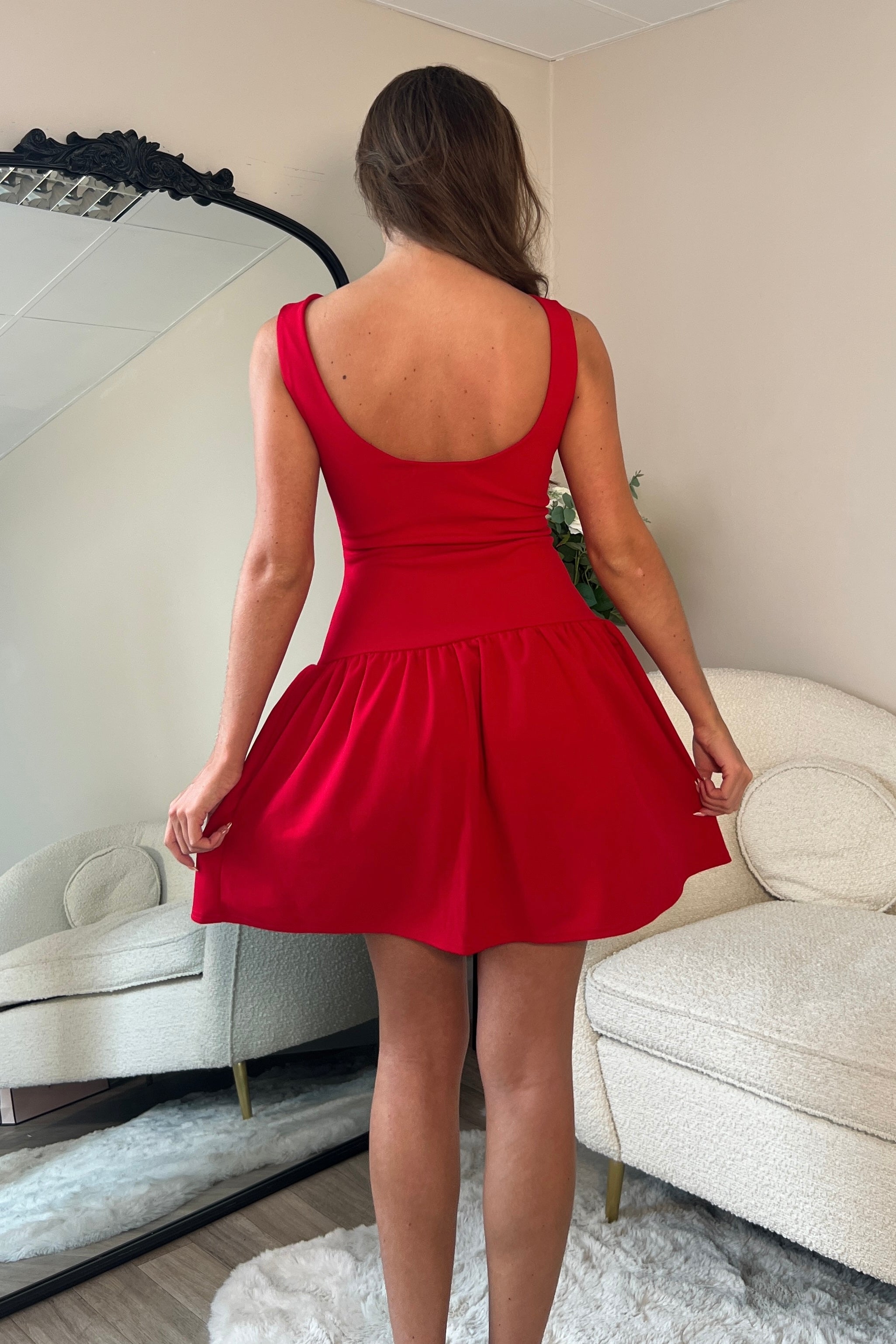 Codi Boat Neck Low Back Mini Dress Red