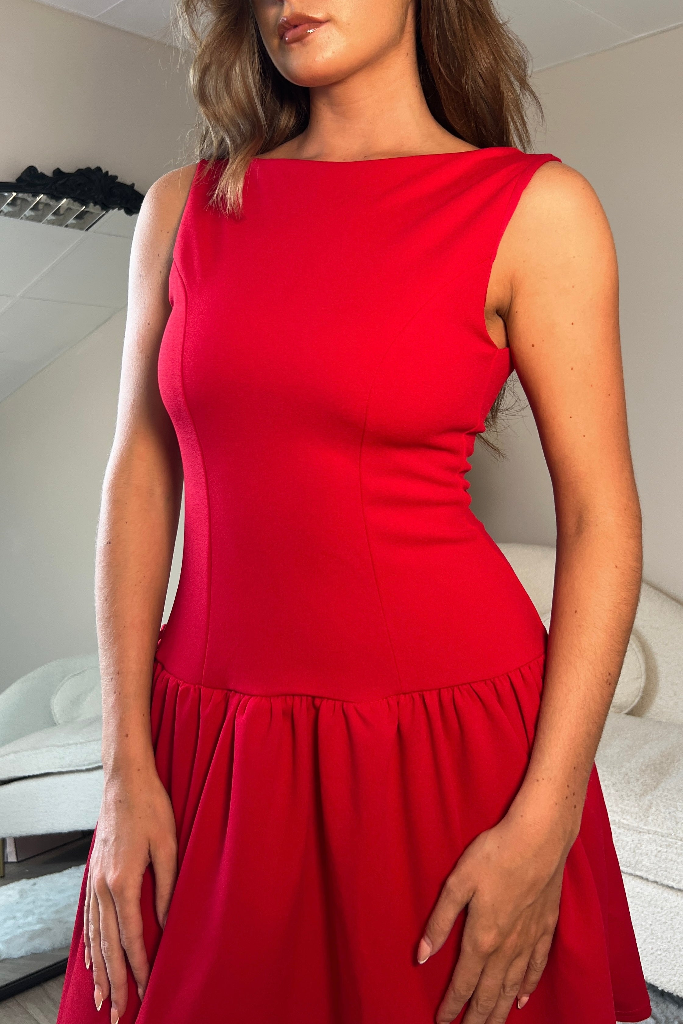 Codi Boat Neck Low Back Mini Dress Red