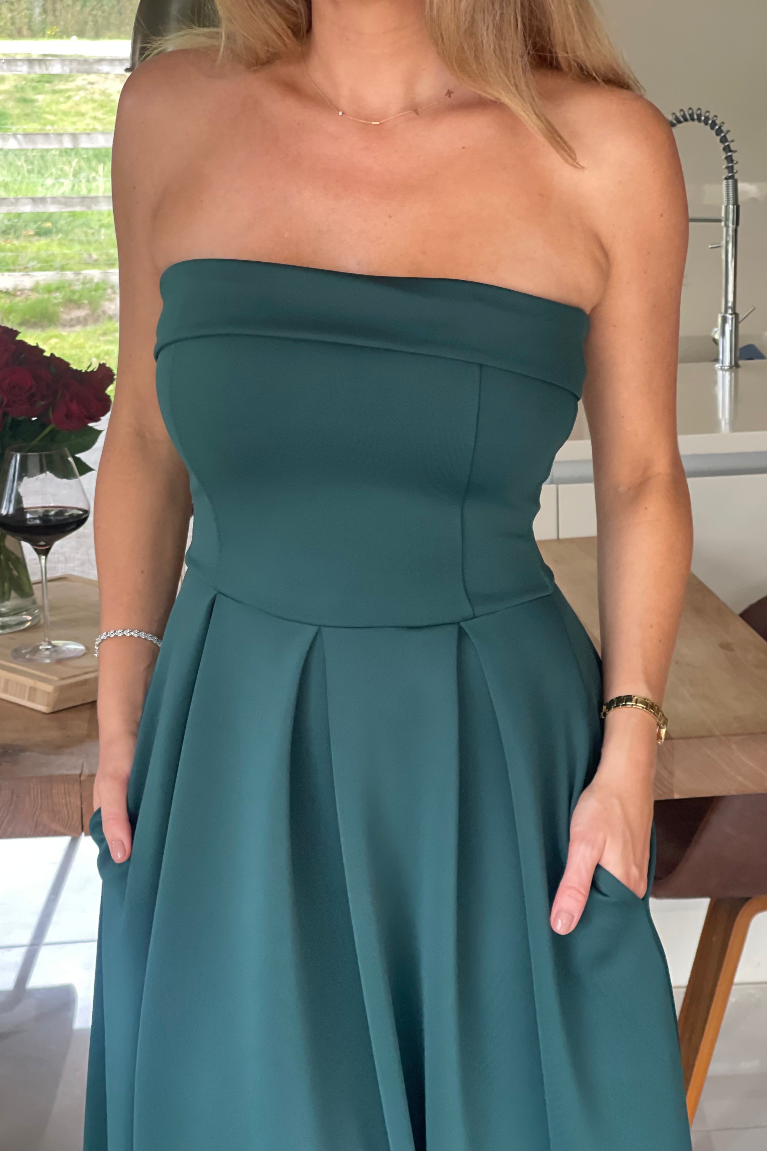 Danni Strapless Bandeau Midi Dress Emerald