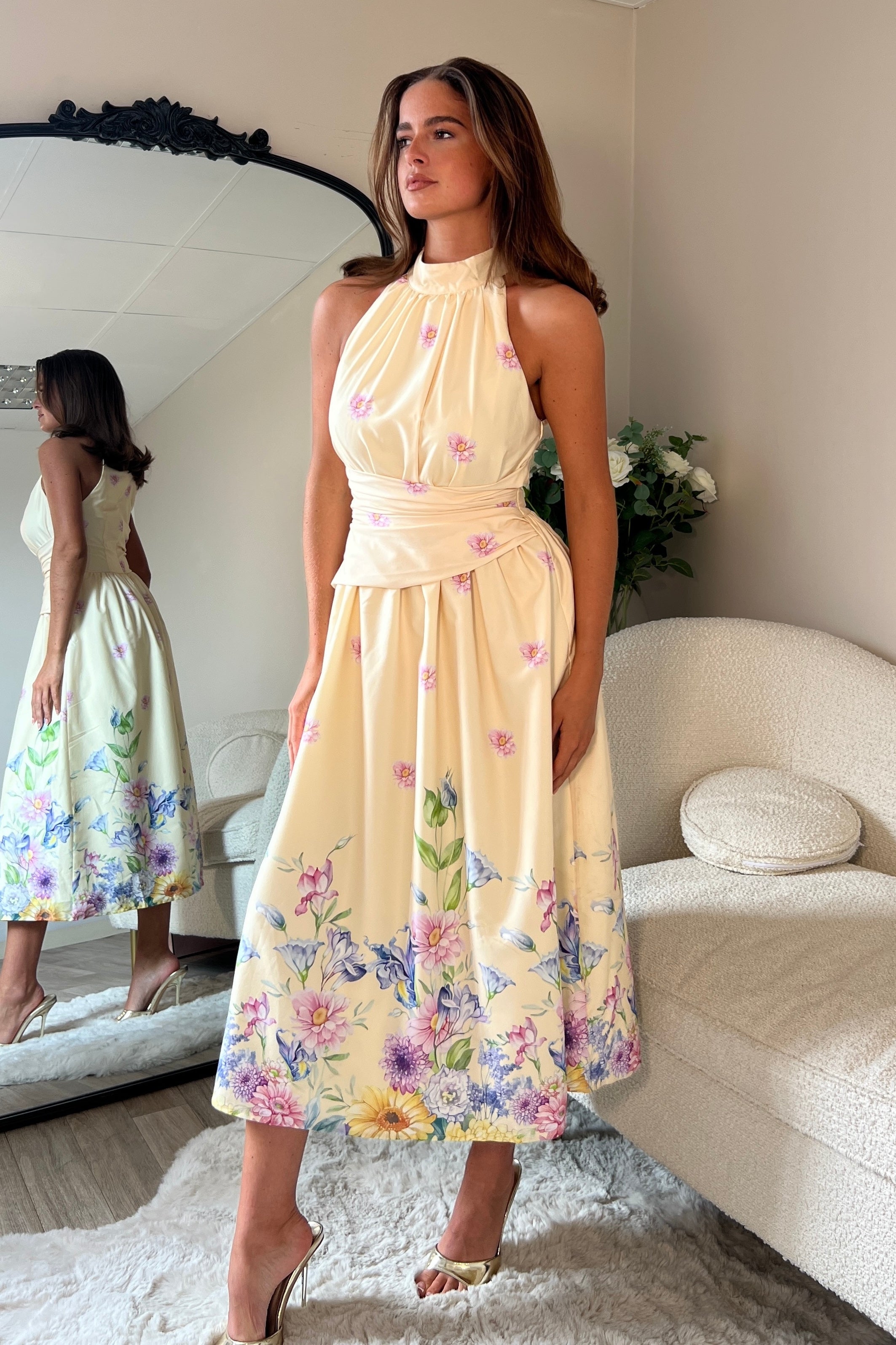 Maggie Wrap Waist Halterneck Midi Dress Yellow Floral