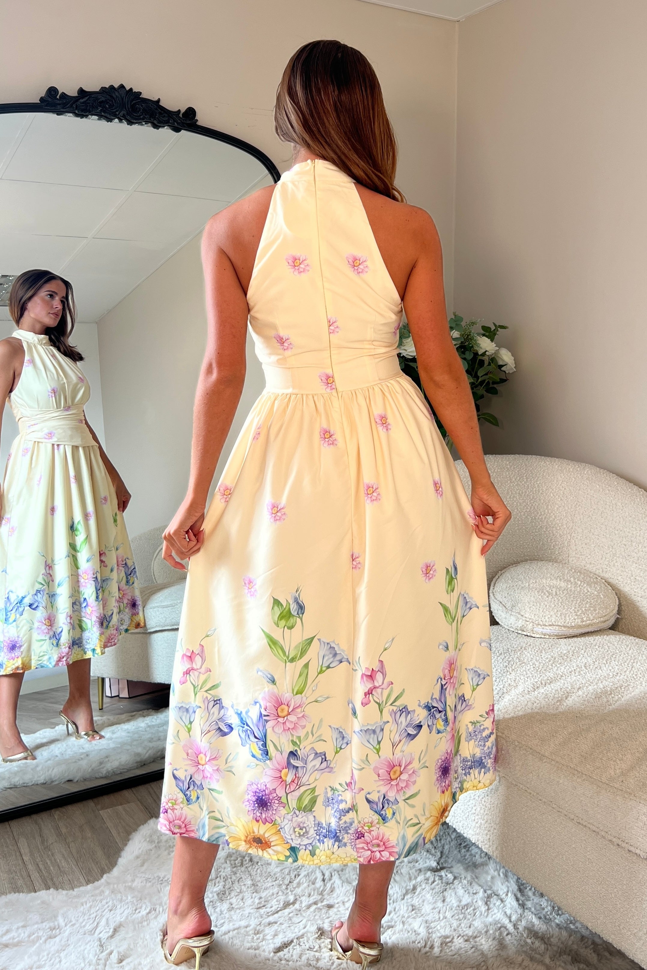 Maggie Wrap Waist Halterneck Midi Dress Yellow Floral