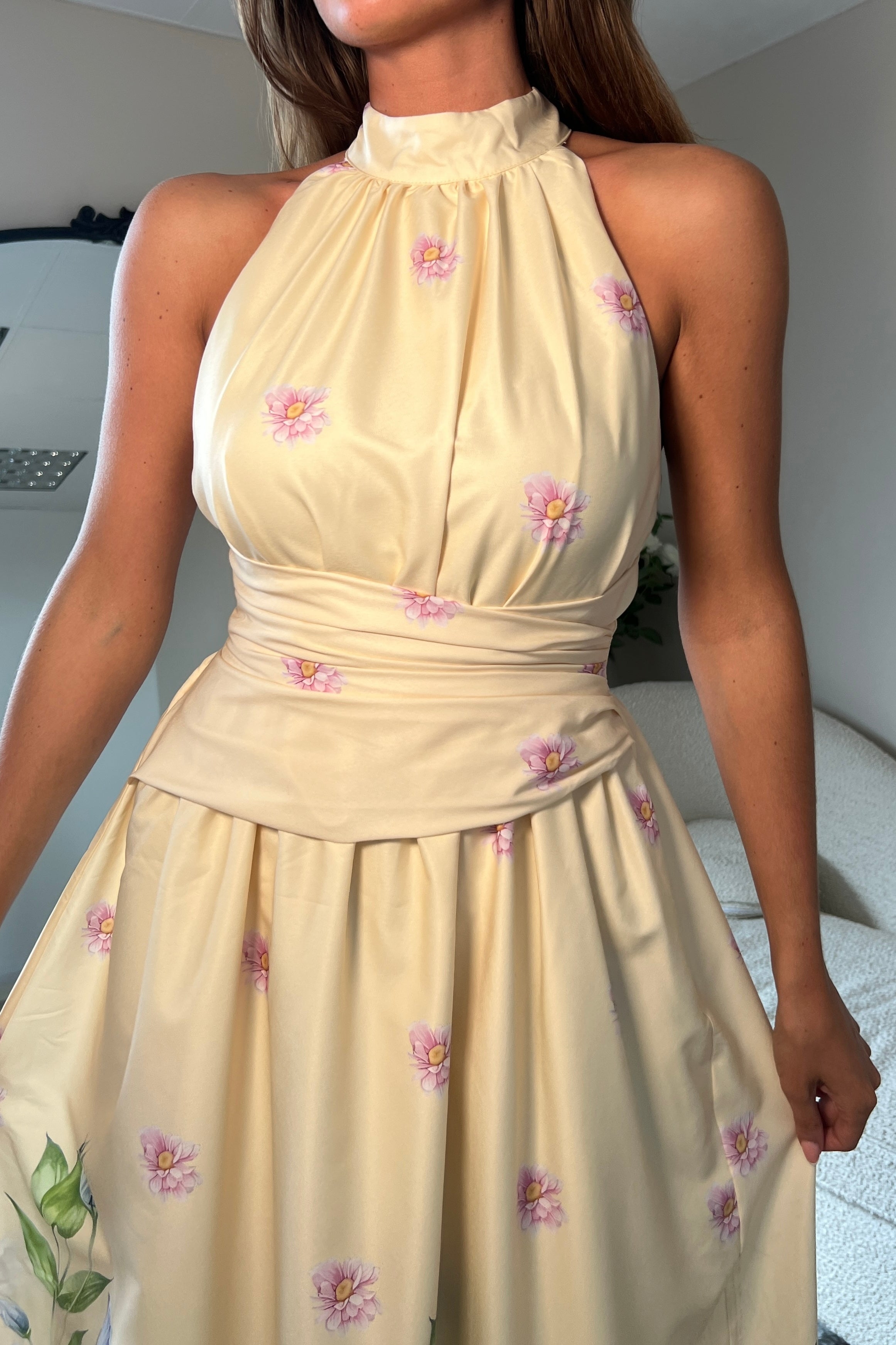Maggie Wrap Waist Halterneck Midi Dress Yellow Floral