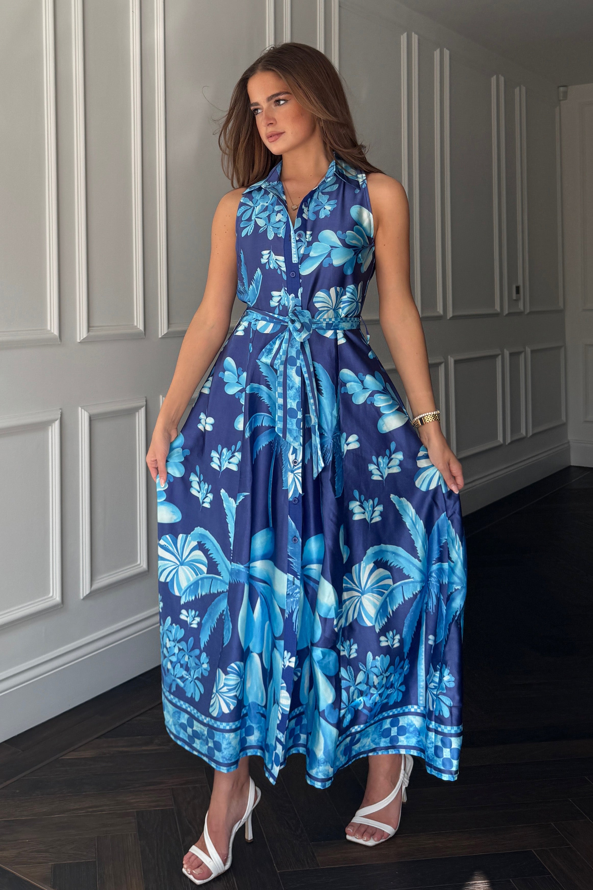 Rhia Sleeveless Blue Border Print Shirt Maxi Dress