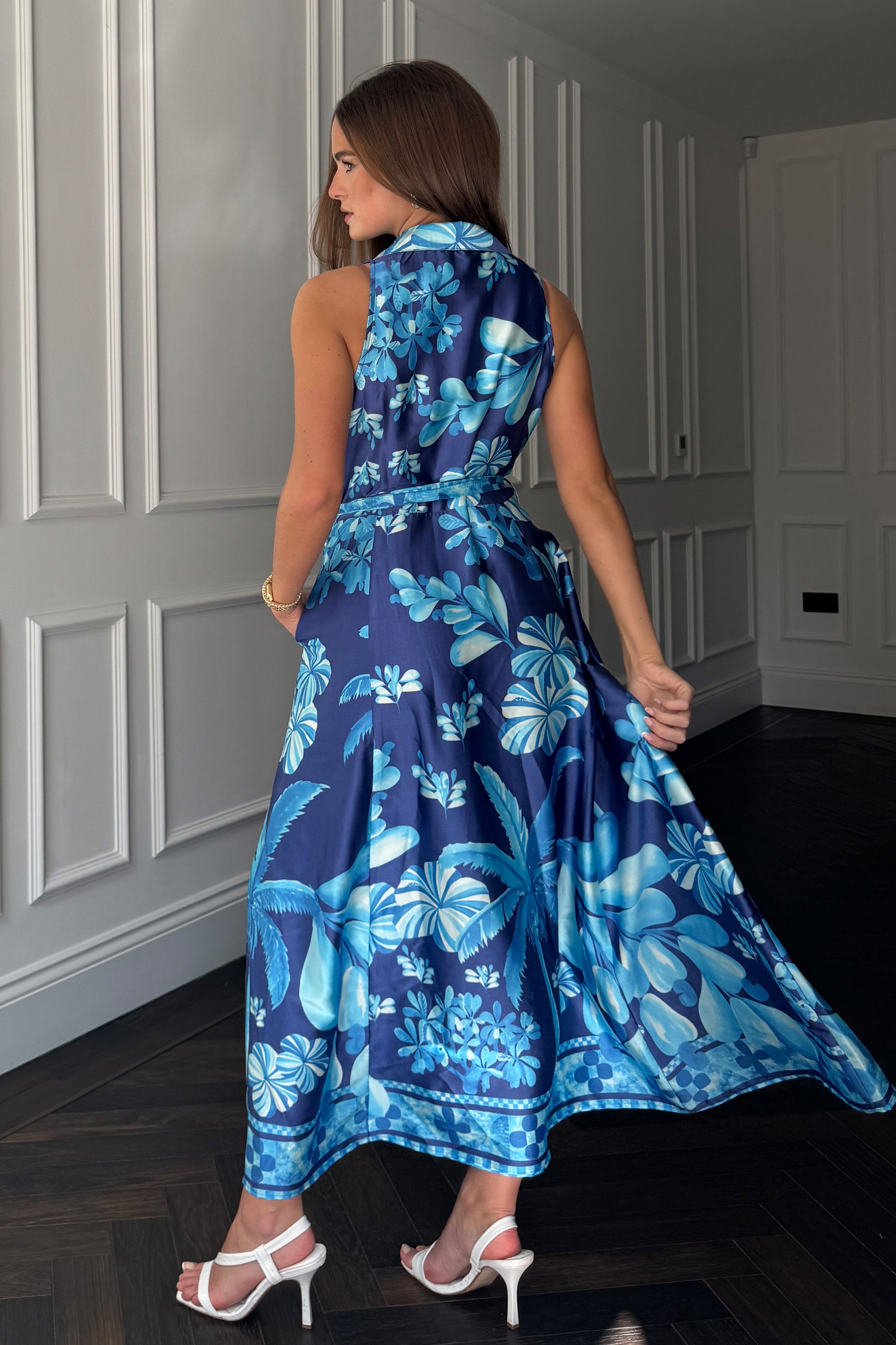 Rhia Sleeveless Blue Border Print Shirt Maxi Dress