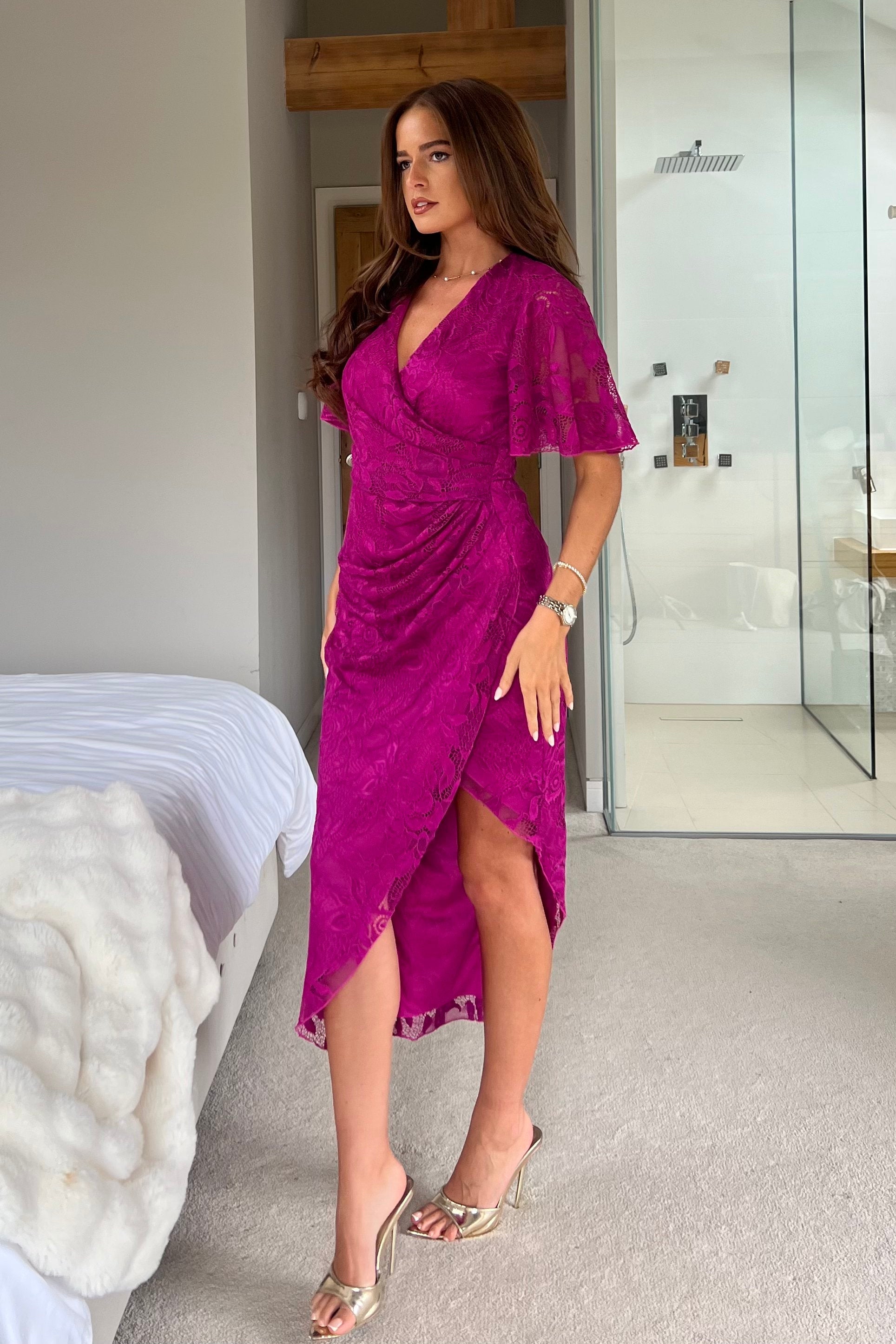 Natasha Angel Sleeve Wrap Midi Dress In Dark Fuschia