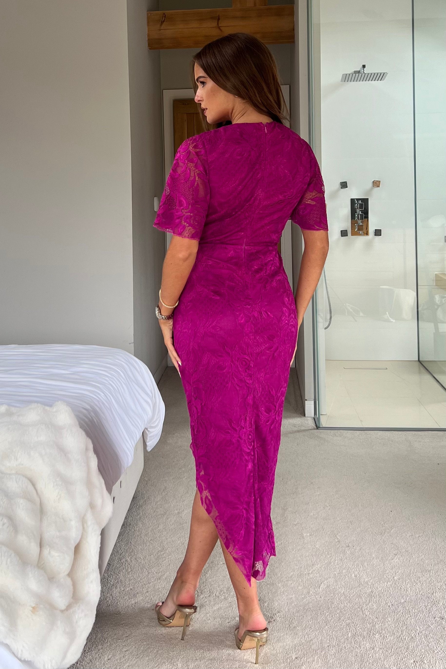 Natasha Angel Sleeve Wrap Midi Dress In Dark Fuschia