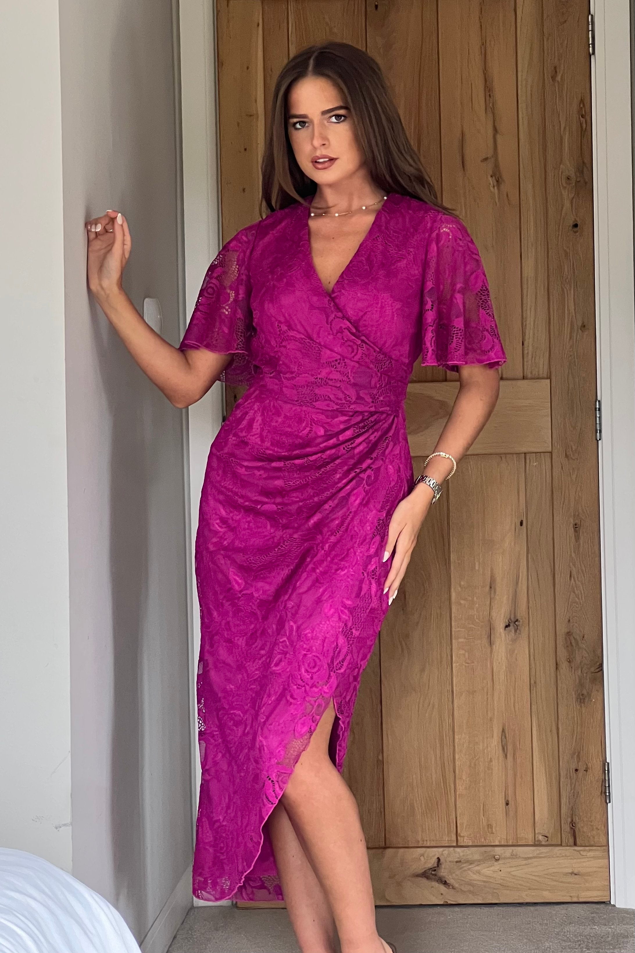 Natasha Angel Sleeve Wrap Midi Dress In Dark Fuschia