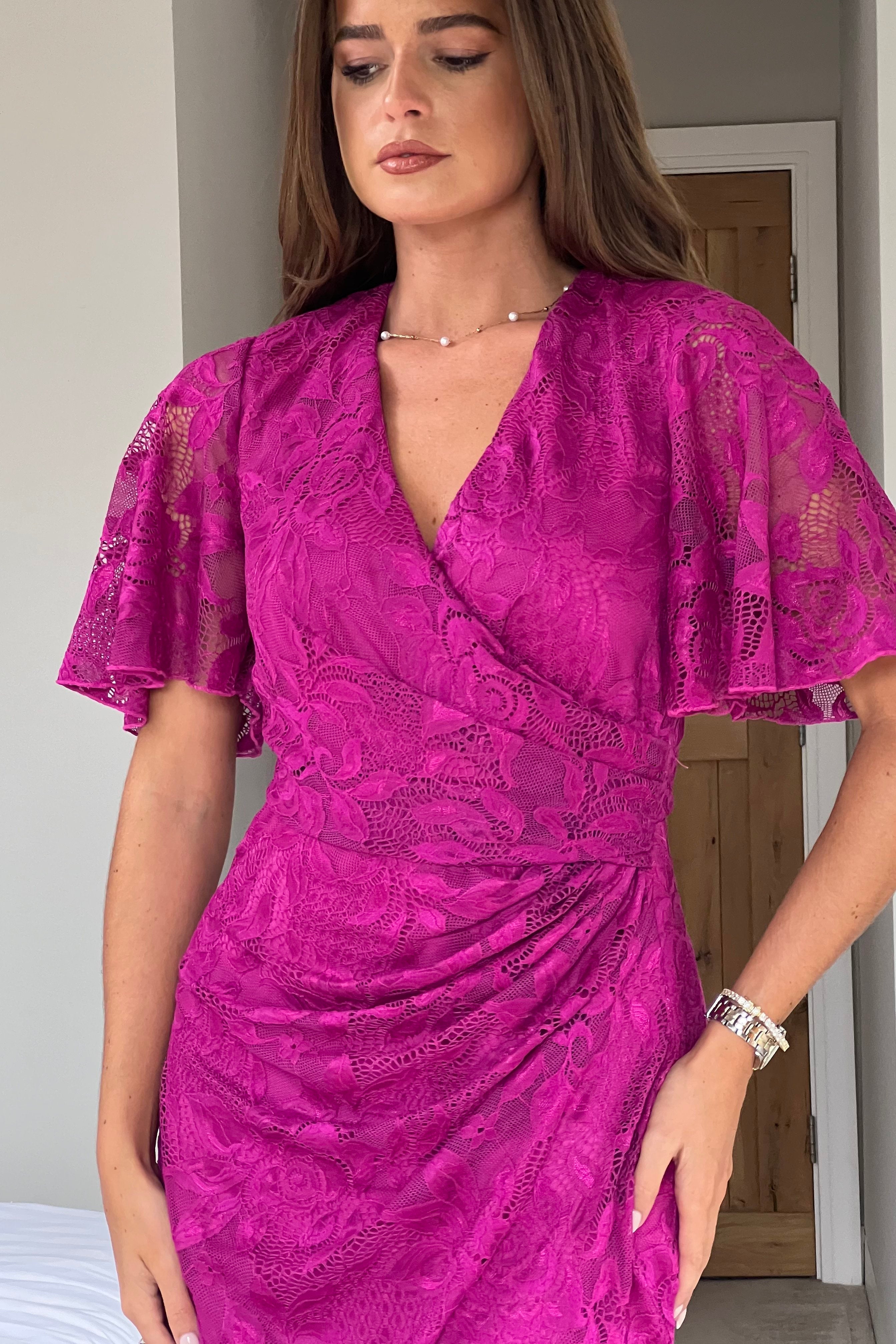 Natasha Angel Sleeve Wrap Midi Dress In Dark Fuschia