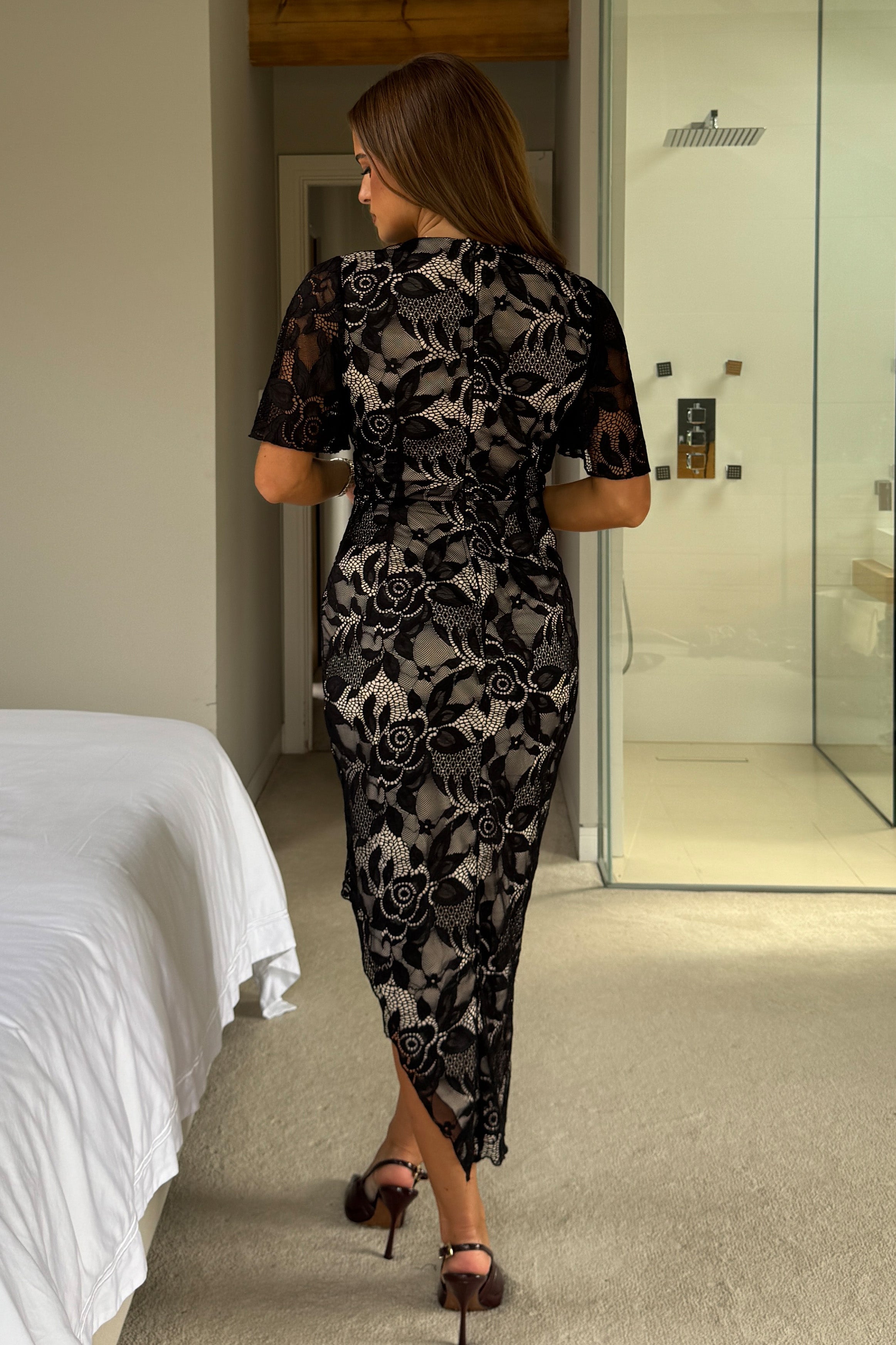 Natasha Angel Sleeve Wrap Midi Dress In Black And Nude