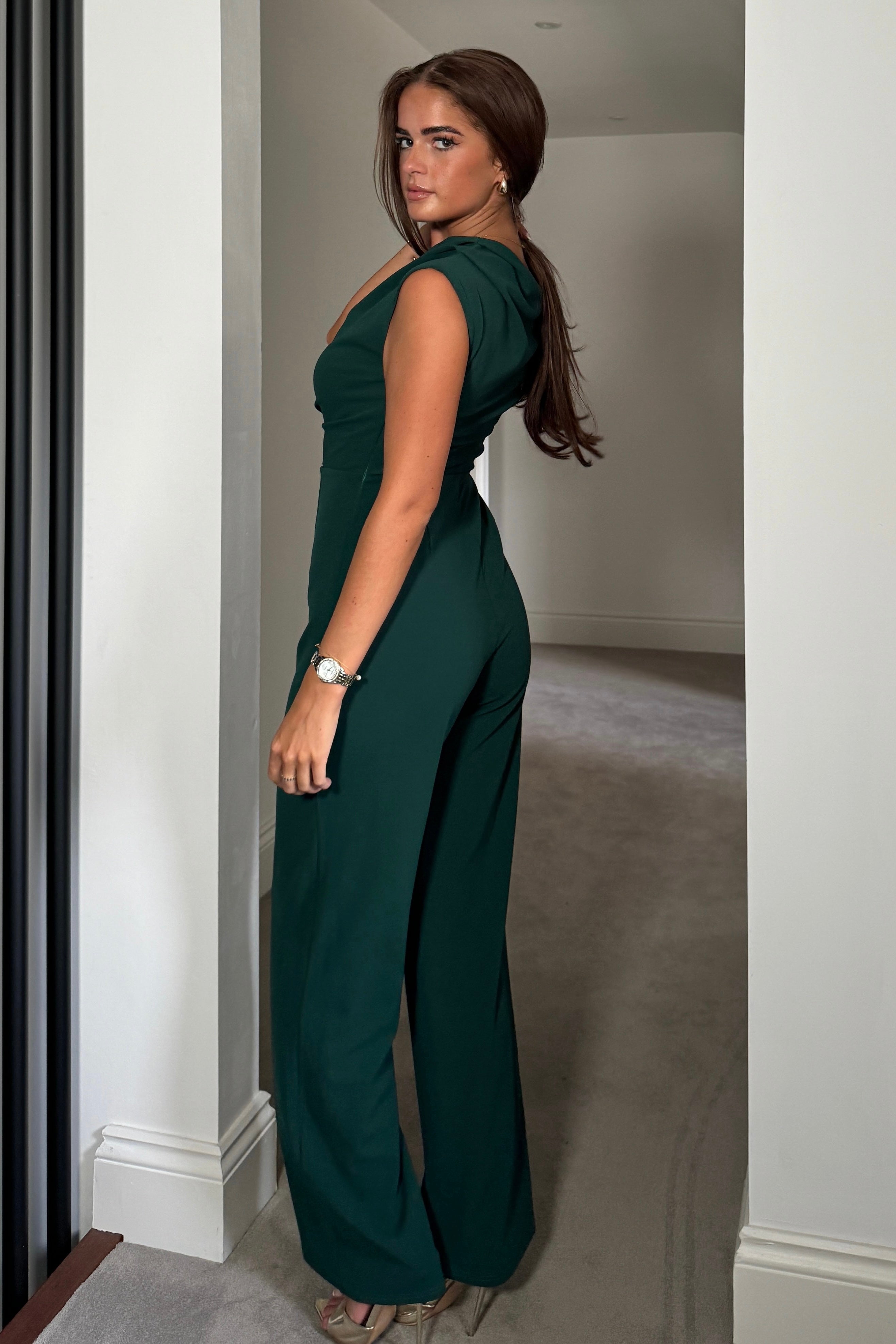 Donna Asymmetric Neckline Emerald Jumpsuit