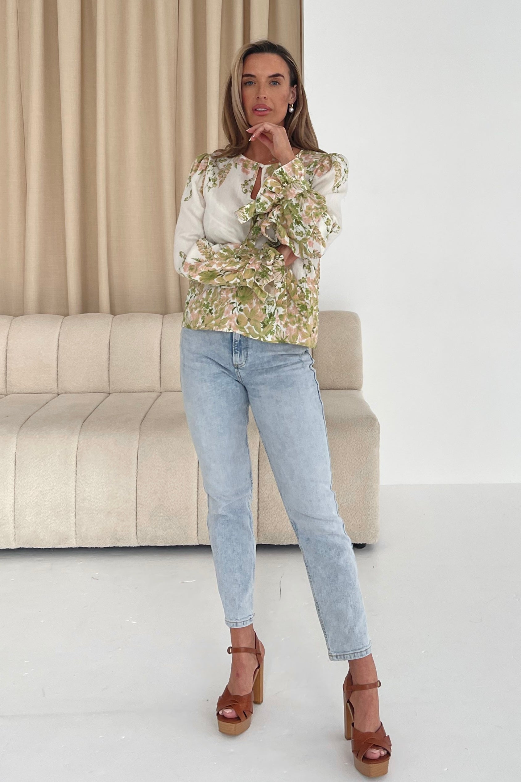 Darcy Tie Cuff Blouse in Linen Look Green Floral
