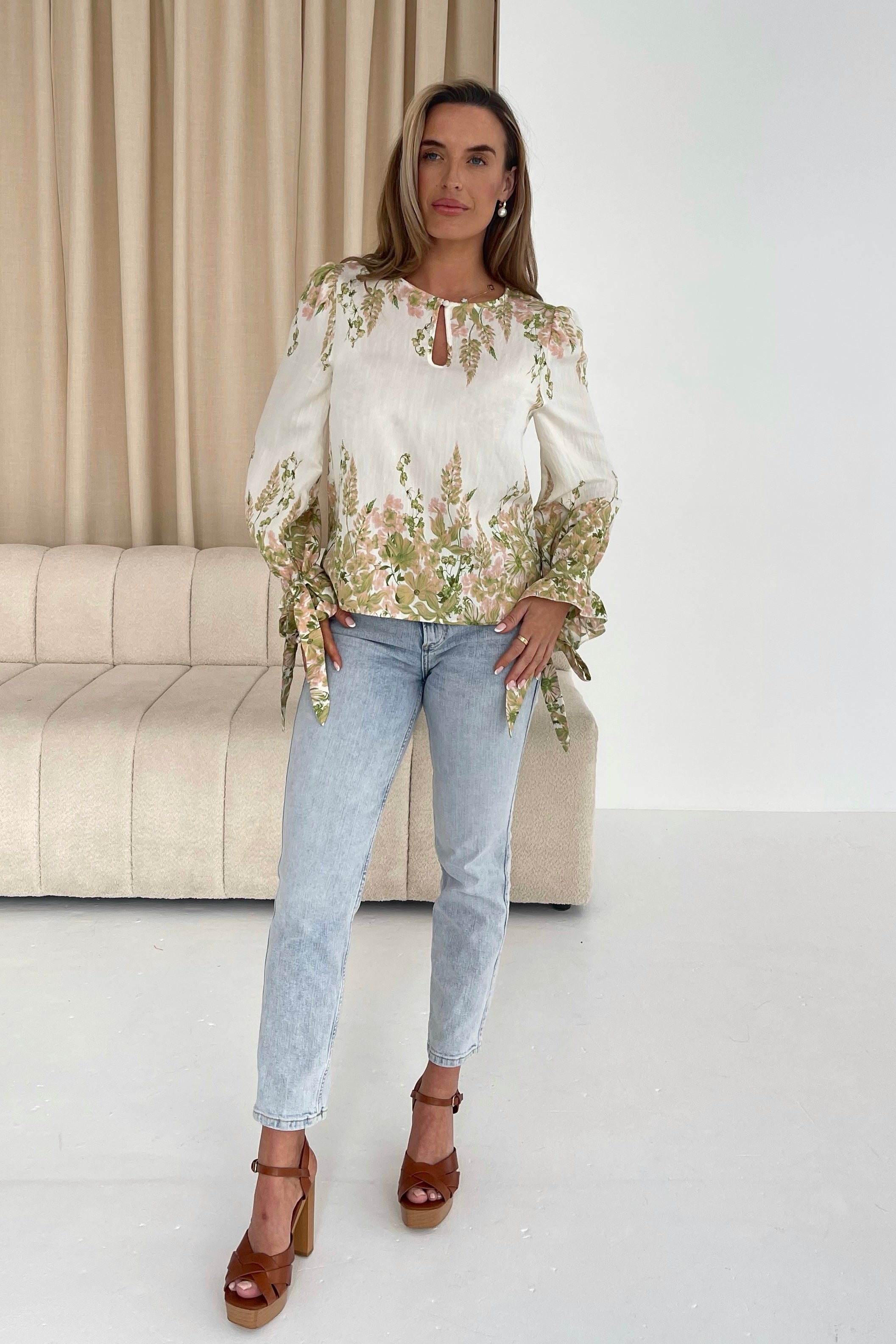 Darcy Tie Cuff Blouse in Linen Look Green Floral
